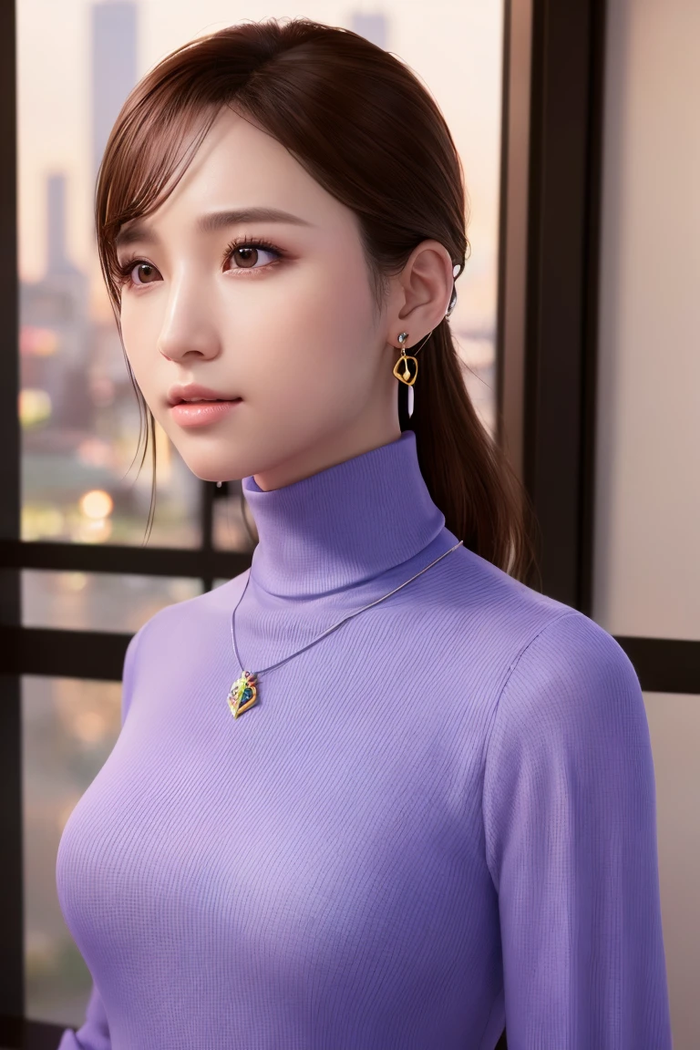 (Highest quality, 8K, photorealistic, detailed lighting, physically-based rendering), (1 girl), Japanese beautiful lady, ((turtleneck blouse, slacks, dangling jewelry earrings, pendant)), perfect lighting