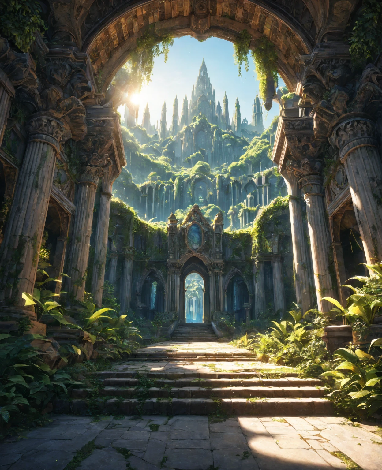 (
 intricate architecture, crumbling buildings, detailed stone structures, lush vegetation, dramatic lighting, cinematic composition, ancient artifacts, fantasy setting, no humans, prevailing of nature, bright colours, sunshine, sunny, tranquility, bright mood), BREAK
dramatic shadows, epic scale, highly detailed, cinematic lighting, photorealistic, 8k, masterpiece,HDR, 8K, masterpiece, best quality, amazing quality, very aesthetic, high resolution, ultra-detailed, absurdres, newest, scenery, 
masterpiece,  aesthetic detailed background, best quality, game cg aesthetics, sharp focus, sharp details, light particles,  photo background, depth of field, 
(masterpiece), best quality, ultra-detailed, 1024k UHD wallpaper, ultra-high resolution, depth of field, HDR, Ray tracing, RTX, high saturation, photon mapping, best texture quality, best compotitions, (extremely detailed CG 1024k wallpaper), High Details, Ultra HD Photo,