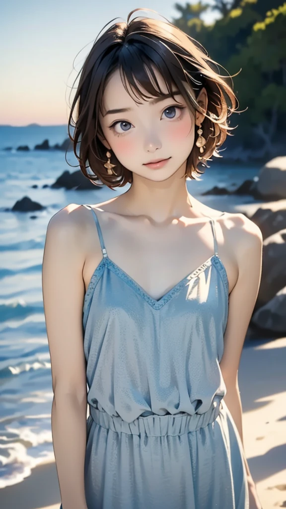 one girl, (12years old:1.4),(Very Young Face),(Japanese famous idol), cute face, ash gray hair:1.5, bob hair, short hair, camera's line of sight, small breasts, An ennui look, (((camisole, dress))) , particles of light, sea of ​​sunset, calm sea, white sand beach, very beautiful sunset, RAW photo, highest quality, High resolution, High resolution, masterpiece:1.3, 8k, 12k, professional photographer,((Extremely precise and accurate anatomy:1.0)),Kind eyes,Graceful pose,(Beauty of form:1.4) Golden ratio, big eye,(nature's providence:1.4),