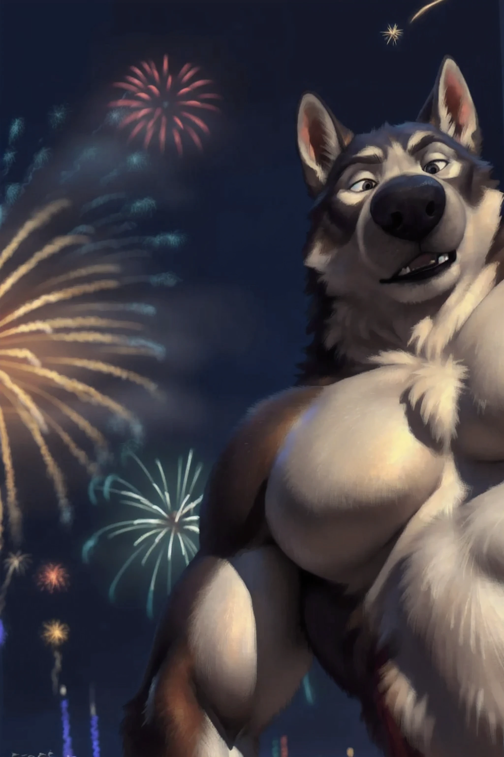 alaskan malamute, husky, high quality, best resolution, posted on e621, male, adult, solo, very masculine, heavyweight:1.2, very muscular:1.6, dog, anthro body, (night sky, dark sky, stars, fireworks, realistic fireworks, strong shading):1.1, detailed fur, by taran fiddler, by blotch, by virtyalfobo, by echin, detailed eyes, correct muscles, correct anatomy, soft colors, soft shading, handsome, proud, sexy, upper body, half body, biceps, big lats, big pecs, low-angle shot:1.1,