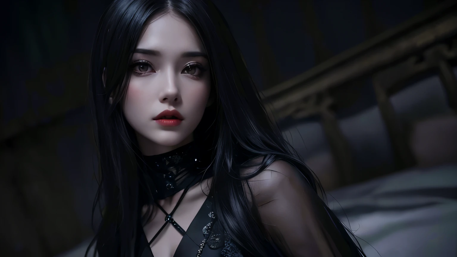 The highest image quality, pending details, ultra-high resolution, (真实感: 1.4), the best illustration, favor details, Highly condensed 1girl, with a delicate and beautiful face, Asian characteristics, long straight hair, Bblack hair, skin fair, eyes browns, lips, blush, breasts big, necklase, black gown, make-up, black eyeshadow, red lipgloss stick, A vampire, Grinning (best quality, ultra details, photorrealistic: 1.39), dark colours, studio lighting, romantic expression, seducer, dark scenery