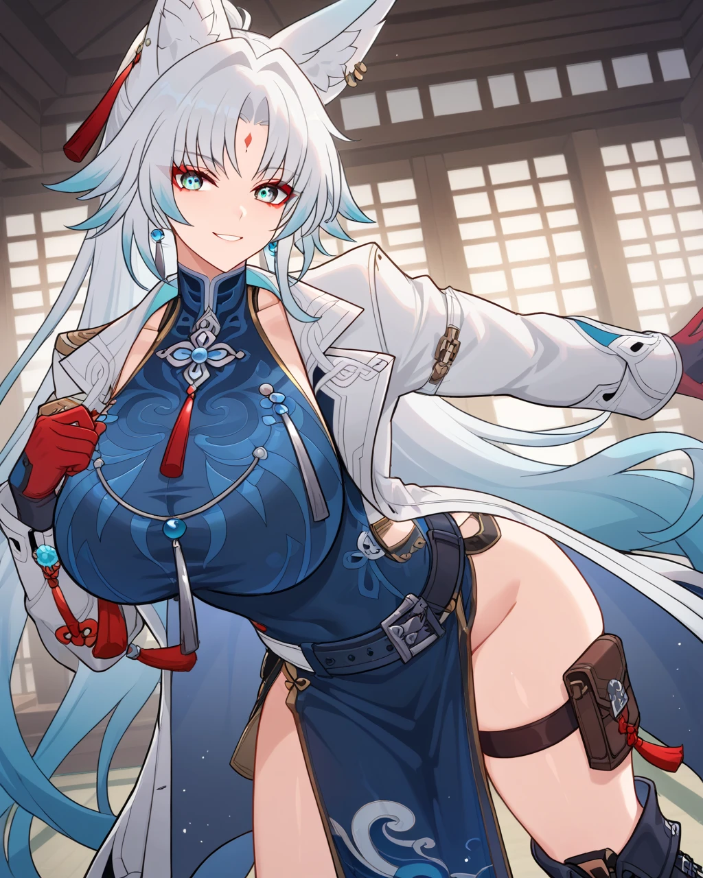 score_9, score_8_up, score_7_up, SH_HSR_Feixiao, Feixiao, 1girl, looking at viewer, red eyeliner, makeup, forehead mark, white hair, very long hair, gradient hair, blue hair tips, ponytail, aquamarine eyes, animal ears, white coat, open coat, long sleeves, belt, open clothes, huge breasts, dress, bangs, knee boots, thigh strap, thighs focus, parted bangs, black footwear, tassel, blue dress, tassel earrings, blue shirt, gloves, red fingers, chinese clothes, dojo, provocatively lewd pose, curvy body, wide hips, romance, expressive, firm butt, fit girl, sexual girl, seductive, perky , smirking, lewd pose, action angle, beautiful aesthetic, perspective, (nsfw:1.1), expressiveH, fighting pose with a dual swords,