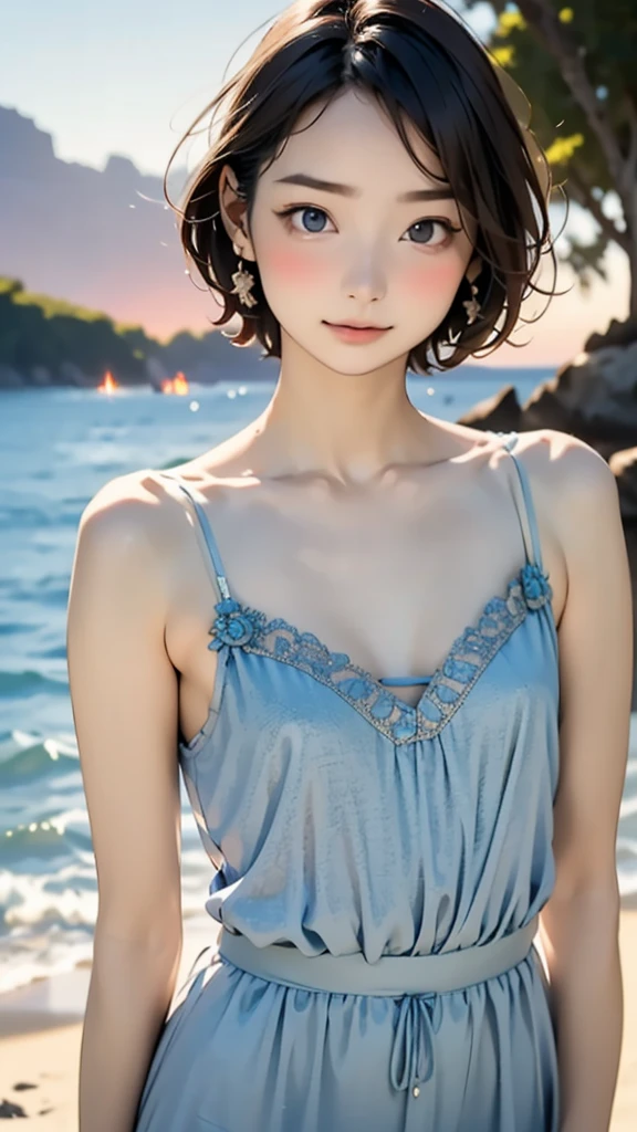 one girl, (****ars old:1.4),(Very Young Face),(Japanese famous idol), cute face, ash gray hair:1.5, bob hair, short hair, camera's line of sight, small breasts, An ennui look, (((camisole, dress))) , particles of light, sea of ​​sunset, calm sea, white sand beach, very beautiful sunset, RAW photo, highest quality, High resolution, High resolution, masterpiece:1.3, 8k, 12k, professional photographer,((Extremely precise and accurate anatomy:1.0)),Kind eyes,Graceful pose,(Beauty of form:1.4) Golden ratio, big eye,(nature's providence:1.4),