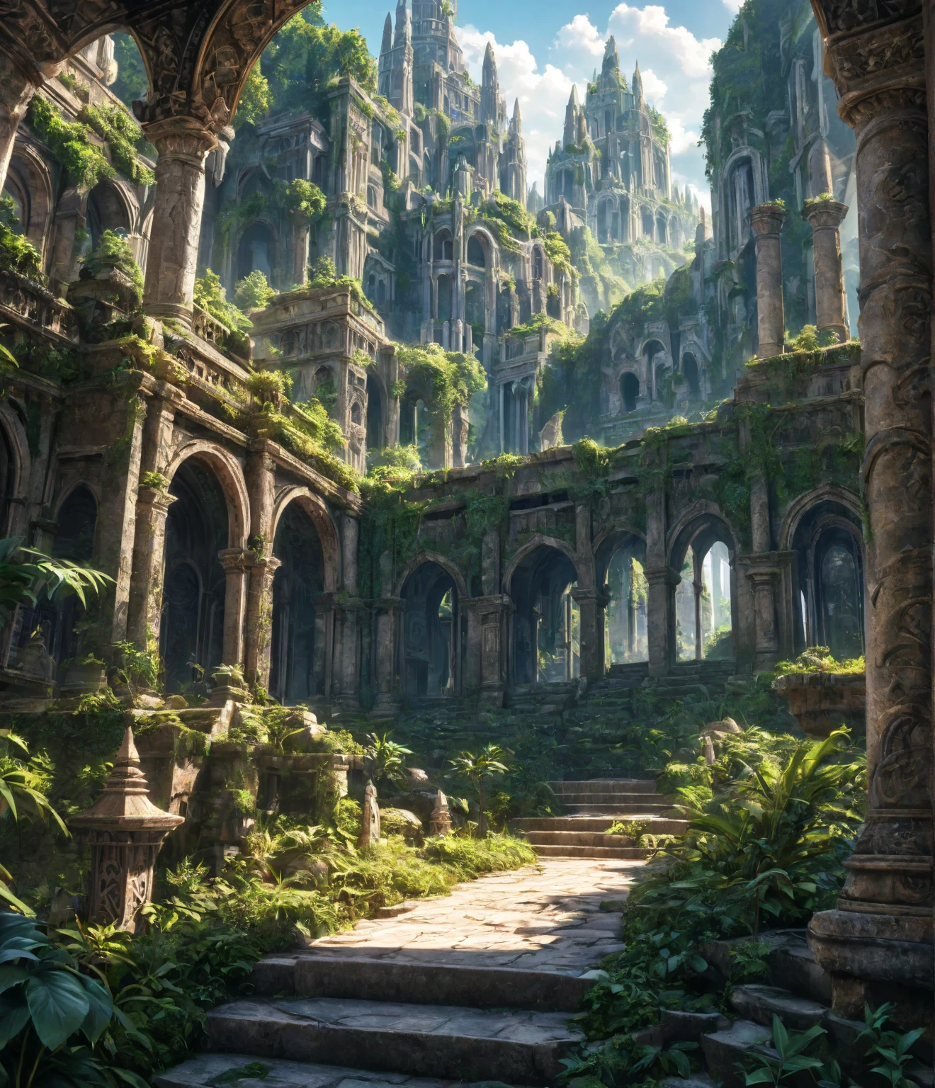 ( a devastated ancient city,
 intricate architecture, crumbling buildings, detailed stone structures, lush vegetation, dramatic lighting, cinematic composition, ancient artifacts, fantasy setting, no humans, prevailing of nature, bright colours, sunshine, sunny, tranquility, bright mood), BREAK
dramatic shadows, epic scale, highly detailed, cinematic lighting, photorealistic, 8k, masterpiece,HDR, 8K, masterpiece, best quality, amazing quality, very aesthetic, high resolution, ultra-detailed, absurdres, newest, scenery, 
masterpiece,  aesthetic detailed background, best quality, game cg aesthetics, sharp focus, sharp details, light particles,  photo background, depth of field, 
(masterpiece), best quality, ultra-detailed, 1024k UHD wallpaper, ultra-high resolution, depth of field, HDR, Ray tracing, RTX, high saturation, photon mapping, best texture quality, best compotitions, (extremely detailed CG 1024k wallpaper), High Details, Ultra HD Photo,