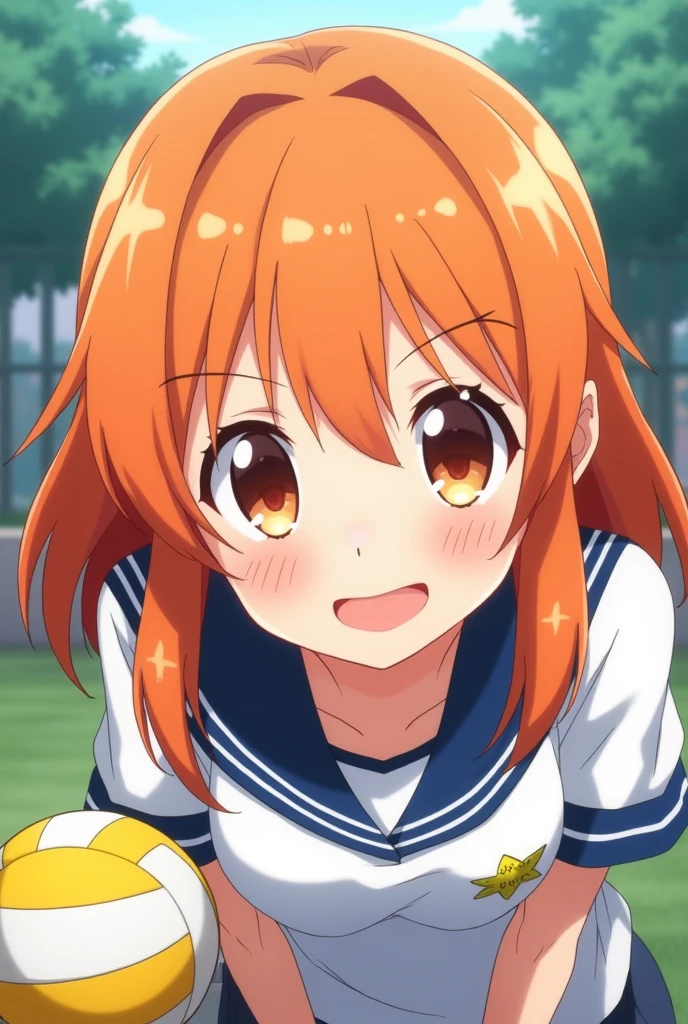 Haikiyuu, anime, Haikiyuu Gym, long loose orange hair, light brown eyes, karasuno high school clothes, female, angry expression.