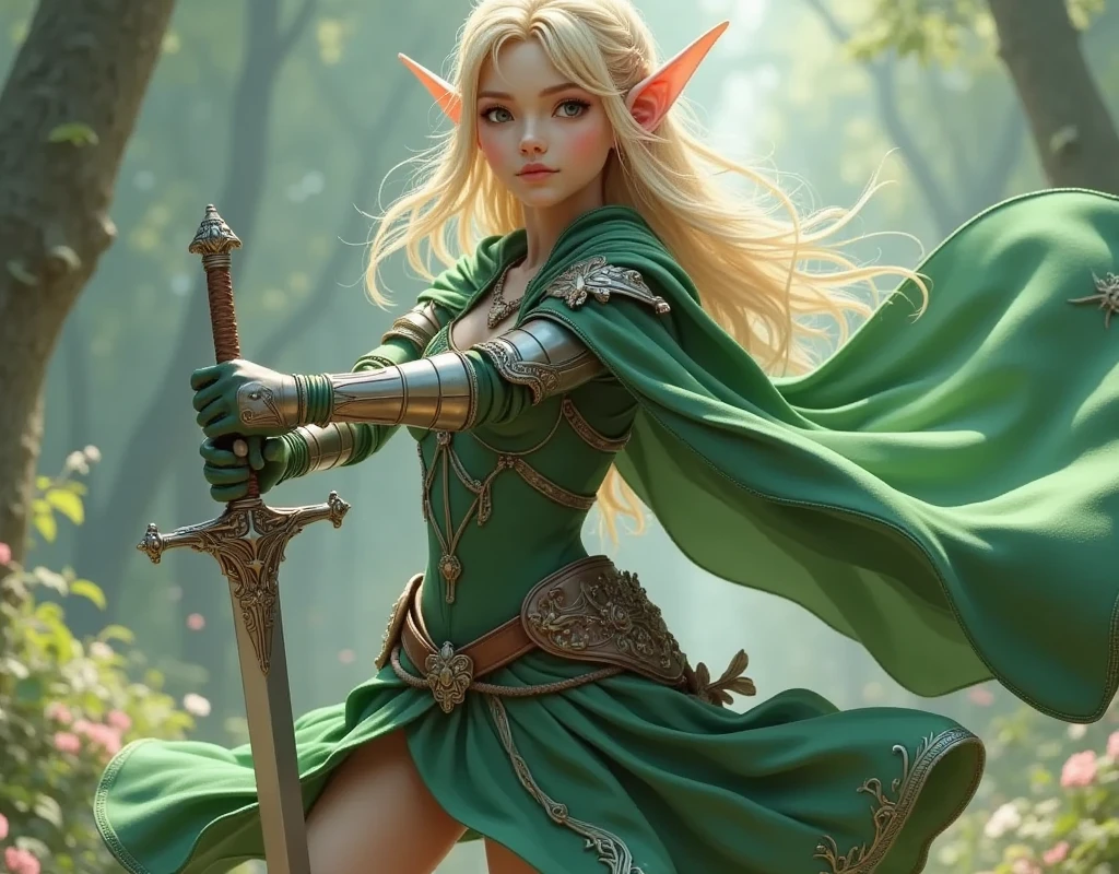 (masterpiece:1.3, top quality :1.3, detailed depiction :1.3, Amazing high definition :1.3, High Quality Anime Paintings ),Elven Swordsman, Flying cape, Breastplate, young green dress, Skirt fluttering, It sticks out the rapier