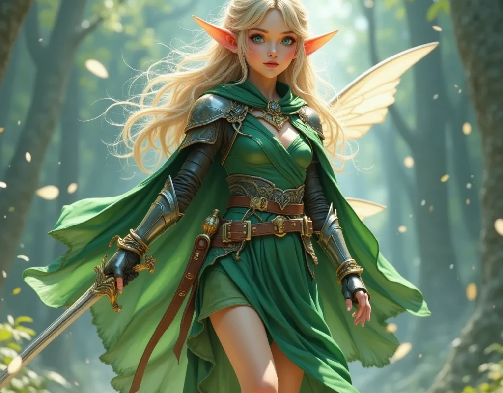 (masterpiece:1.3, top quality :1.3, detailed depiction :1.3, Amazing high definition :1.3, High Quality Anime Paintings ),Elven Swordsman, Flying cape, Breastplate, young green dress, Skirt fluttering, It sticks out the rapier