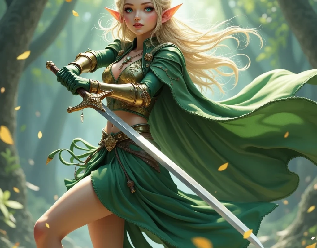 (masterpiece:1.3, top quality :1.3, detailed depiction :1.3, Amazing high definition :1.3, High Quality Anime Paintings ),Elven Swordsman, Flying cape, Breastplate, young green dress, Skirt fluttering, It sticks out the rapier