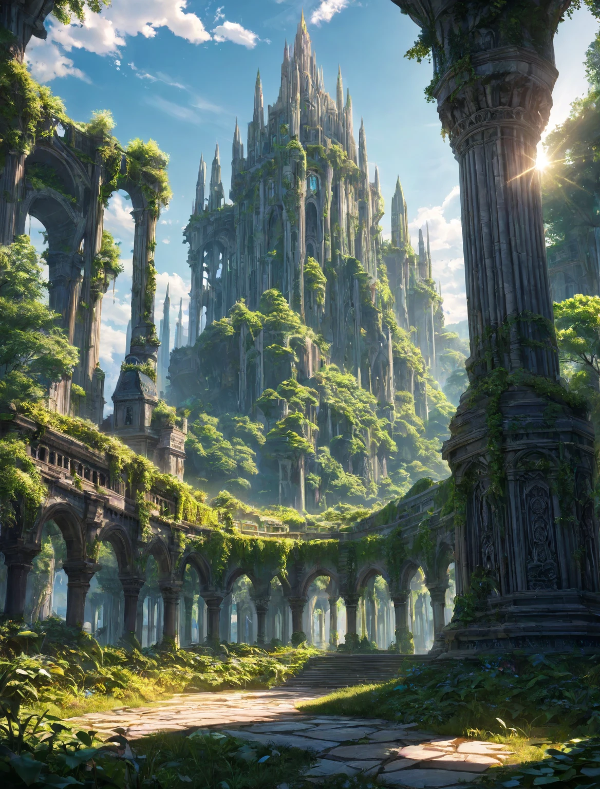 ( greek architecture done in a sci-fi style on a fair forest and meadow scene with tall buildings and open green spaces, painting, fair, Very detailed
 intricate architecture, crumbling buildings, detailed stone structures, lush vegetation, dramatic lighting, cinematic composition, ancient artifacts, fantasy setting, no humans, prevailing of nature, bright colours, sunshine, sunny, tranquility, bright mood), BREAK
dramatic shadows, epic scale, highly detailed, cinematic lighting, photorealistic, 8k, masterpiece,HDR, 8K, masterpiece, best quality, amazing quality, very aesthetic, high resolution, ultra-detailed, absurdres, newest, scenery, 
masterpiece,  aesthetic detailed background, best quality, game cg aesthetics, sharp focus, sharp details, light particles,  photo background, depth of field, 
(masterpiece), best quality, ultra-detailed, 1024k UHD wallpaper, ultra-high resolution, depth of field, HDR, Ray tracing, RTX, high saturation, photon mapping, best texture quality, best compotitions, (extremely detailed CG 1024k wallpaper), High Details, Ultra HD Photo,