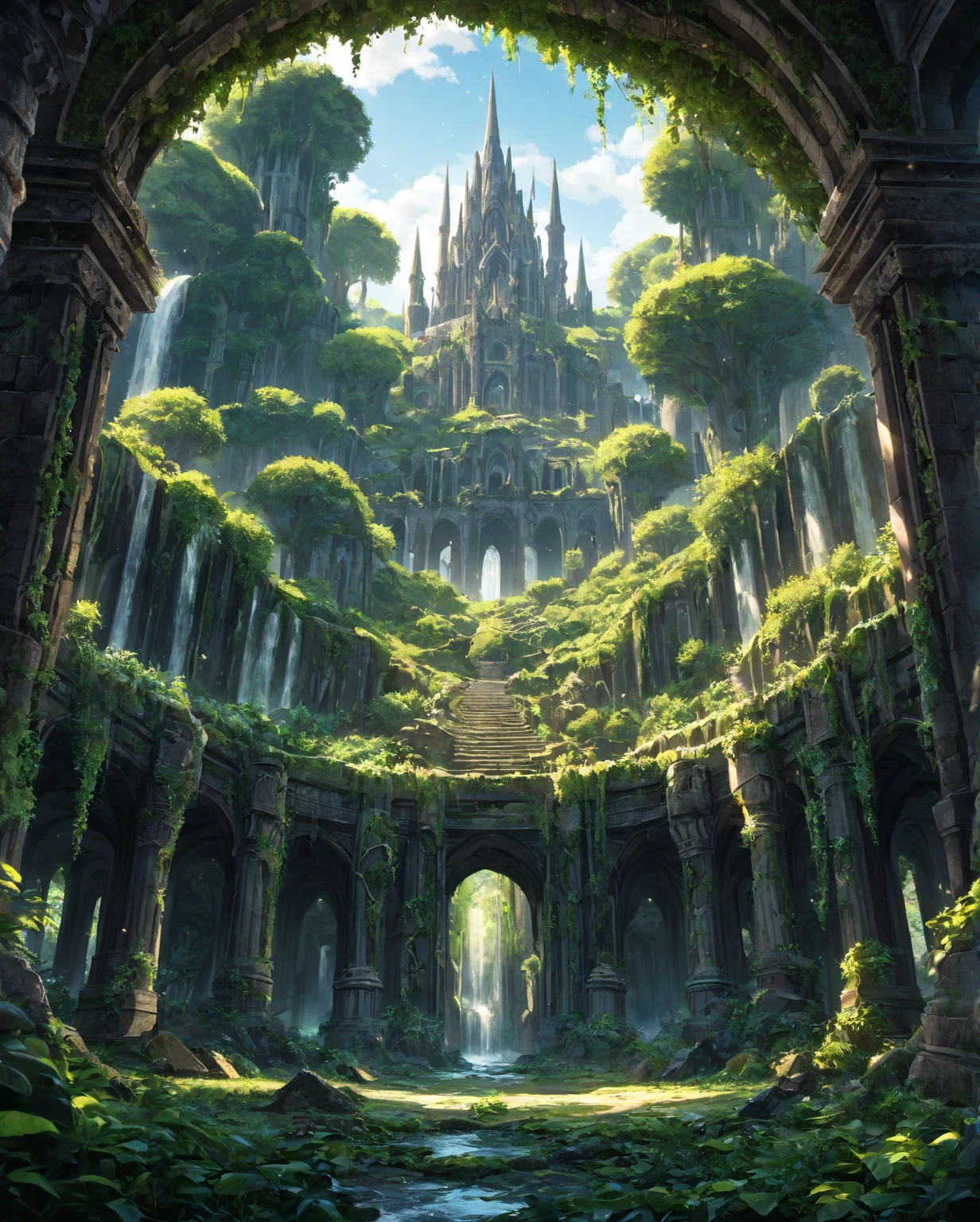 (A ancient city reclaimed by the forest, crumbling stone walls and towers peeking through a sea of dense vegetation. Once splendid castle and temples, now just vine-covered rubble and moss-laden ruins poking above the treetops. Intricate stonework barely visible under thick creeping ivy and moss. Empty streets and alleys totally obscured by huge gnarled roots and flowering creepers. Crumbling statues of kings and queens stand weathered and worn, as squirrels and birds nest atop their heads. A gentle stream trickles through the cracked central plaza, waterfall cascading through where majestic palace once stood. Only bats reside here now, roosting in the damp catacombs beneath temples. Birdsong and rustling leaves have replaced hymns and human voices. The mighty walls that once protected now gradually decaying as the forest reclaims its land. This drowned city a relic of a lost people, slowly being enveloped forever in the embrace of the woodland realm.
 intricate architecture, crumbling buildings, detailed stone structures, lush vegetation, dramatic lighting, cinematic composition, ancient artifacts, fantasy setting, no humans, prevailing of nature, bright colours, sunshine, sunny, tranquility, bright mood), BREAK
dramatic shadows, epic scale, highly detailed, cinematic lighting, photorealistic, 8k, masterpiece,HDR, 8K, masterpiece, best quality, amazing quality, very aesthetic, high resolution, ultra-detailed, absurdres, newest, scenery, 
masterpiece,  aesthetic detailed background, best quality, game cg aesthetics, sharp focus, sharp details, light particles,  photo background, depth of field, 
(masterpiece), best quality, ultra-detailed, 1024k UHD wallpaper, ultra-high resolution, depth of field, HDR, Ray tracing, RTX, high saturation, photon mapping, best texture quality, best compotitions, (extremely detailed CG 1024k wallpaper), High Details, Ultra HD Photo,