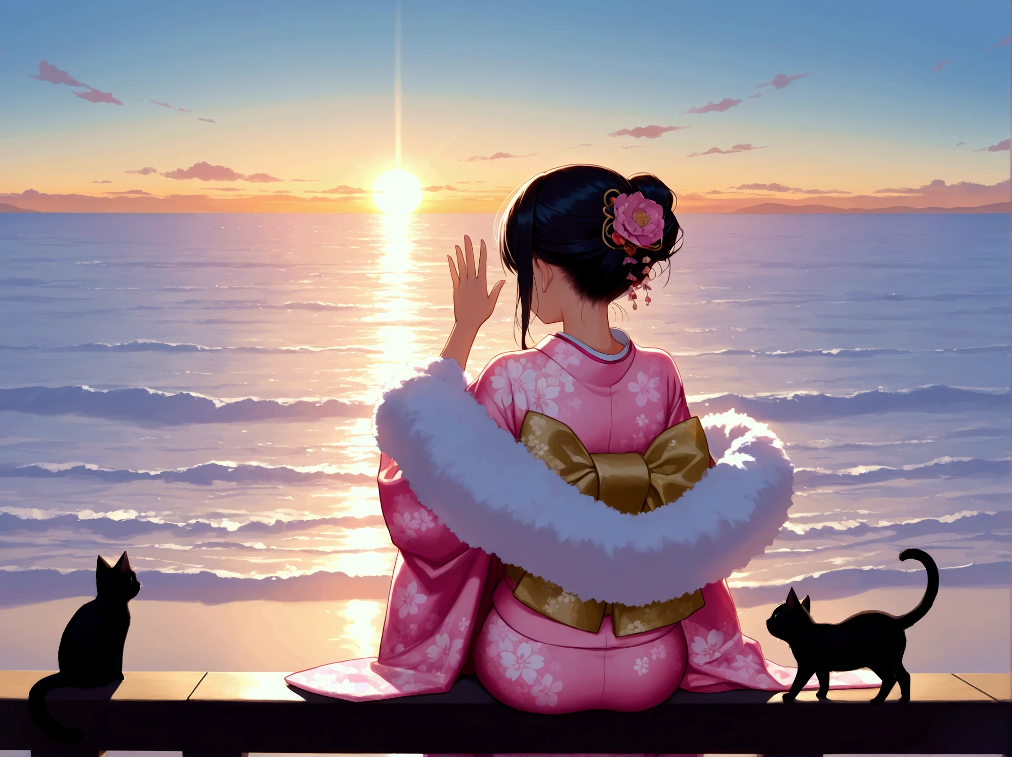 New Year 2025, health first, black kitten and woman in kimono, fluffy shawl, pink kimono, hair ornament, first sunrise on horizon, early morning sea, masterpiece, best quality