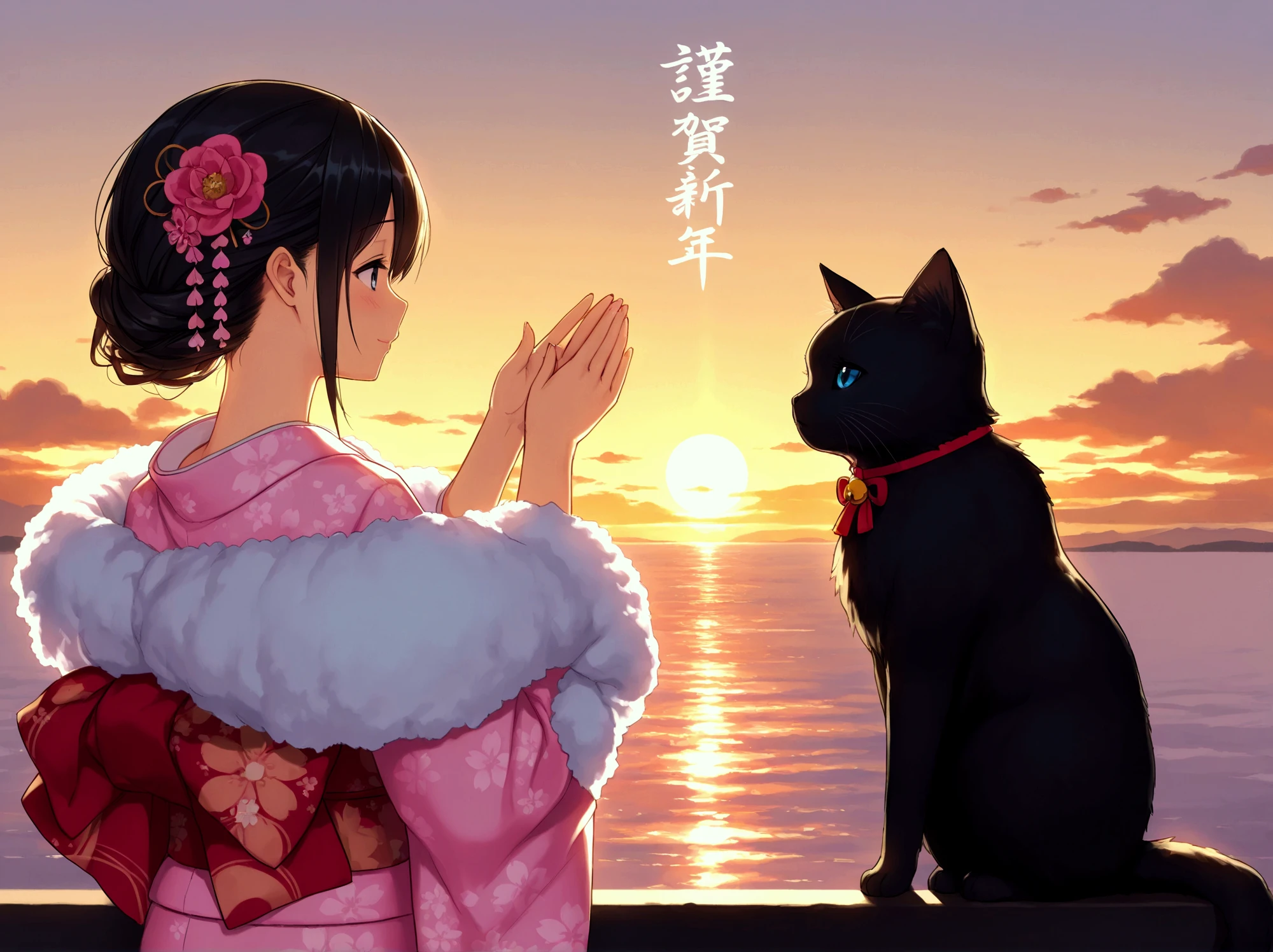 New Year 2025, health first, black kitten and woman in kimono, fluffy shawl, pink kimono, hair ornament, first sunrise on horizon, early morning sea, masterpiece, best quality