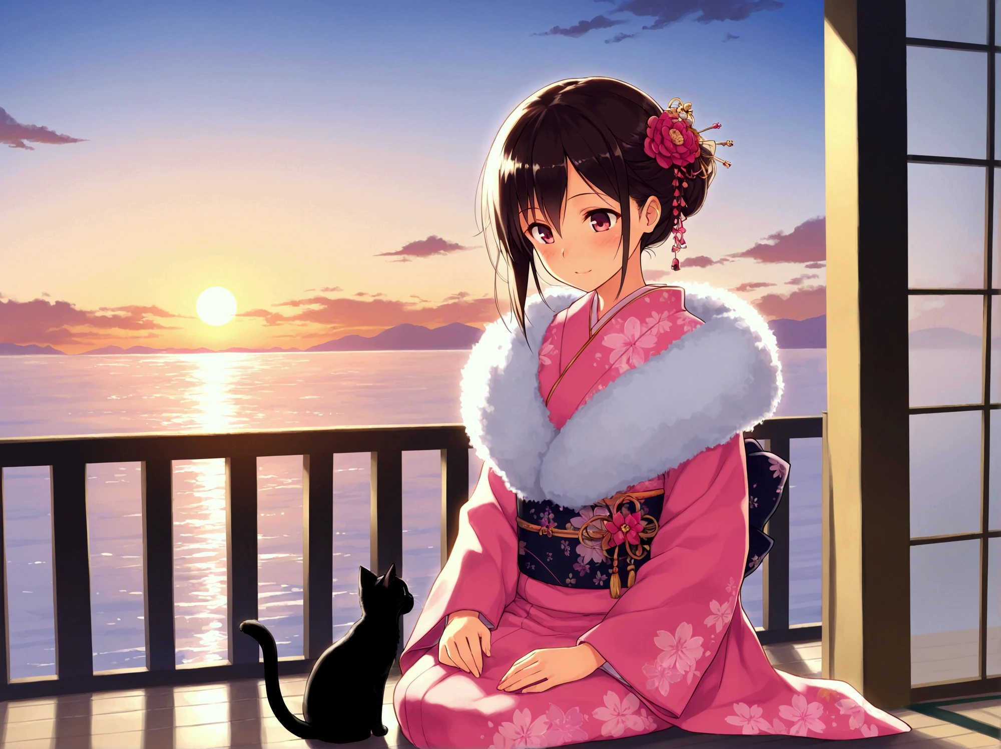 New Year 2025, health first, black kitten and woman in kimono, fluffy shawl, pink kimono, hair ornament, first sunrise on horizon, early morning sea, masterpiece, best quality