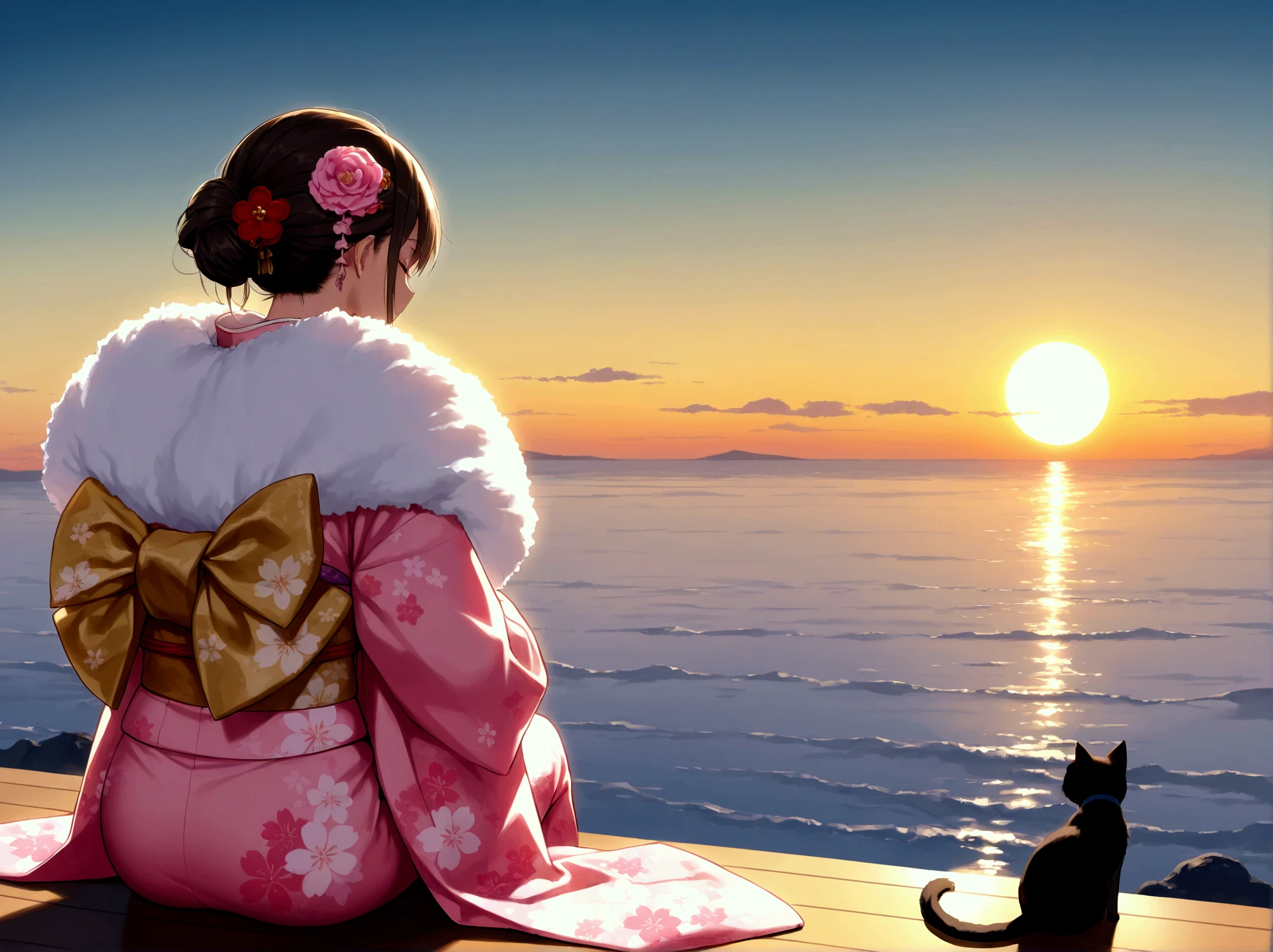 New Year 2025, health first, black kitten and woman in kimono, fluffy shawl, pink kimono, hair ornament, first sunrise on horizon, early morning sea, masterpiece, best quality