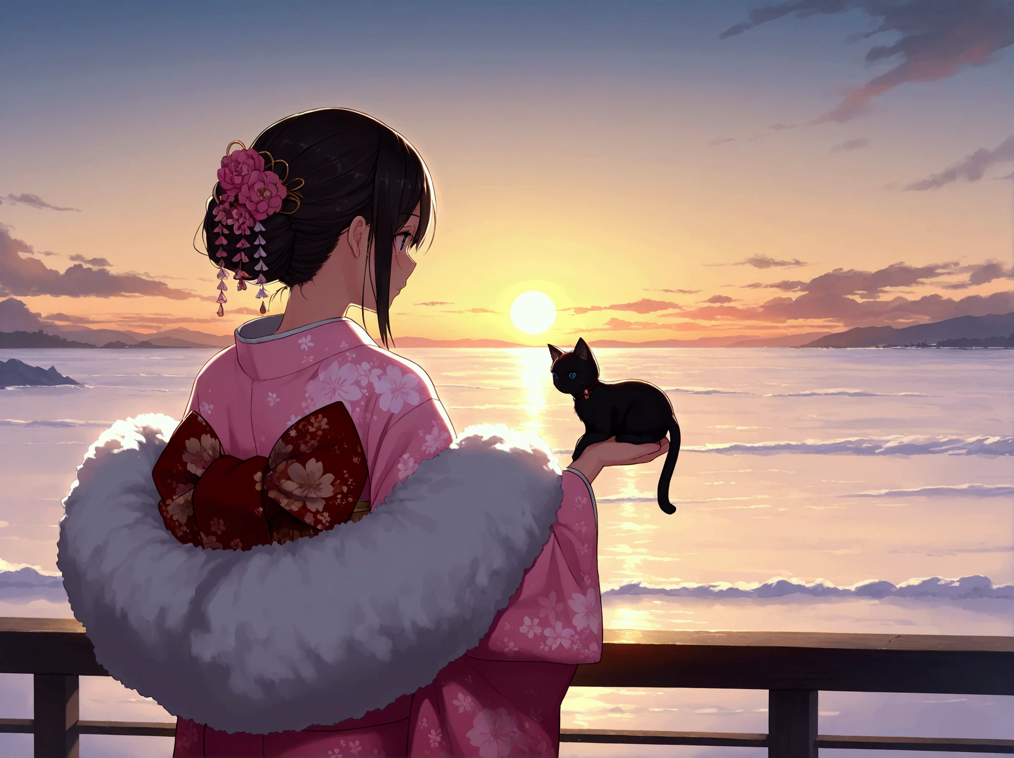 New Year 2025, health first, black kitten and woman in kimono, fluffy shawl, pink kimono, hair ornament, first sunrise on horizon, early morning sea, masterpiece, best quality