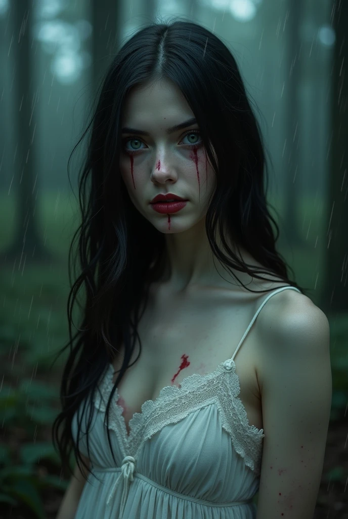 a semi naked girl in a dark, pubic hair, open Cardigan, ((blood splatter)), ((blood drippingfrom the face.), dripping eyes, foggy forest, detailed horror scene, best quality, 8k, (photorealistic:1.37), (ultra-detailed:1.2), detailed background, detailed fog, frost covered trees, dark and moody color palette, dramatic lighting, (horror theme:1.3), (nude girl:1.25), (naked:1.15)