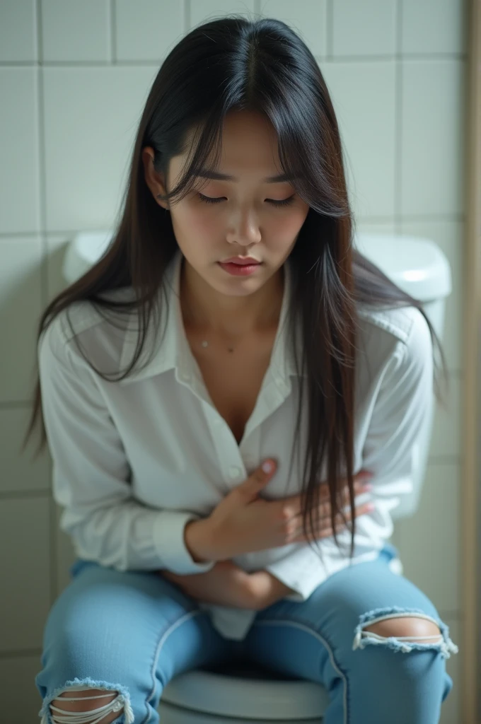 トイレでT-Shirtsの上からおなかを押さえてる美しい日本人女性 T-Shirts and shorts