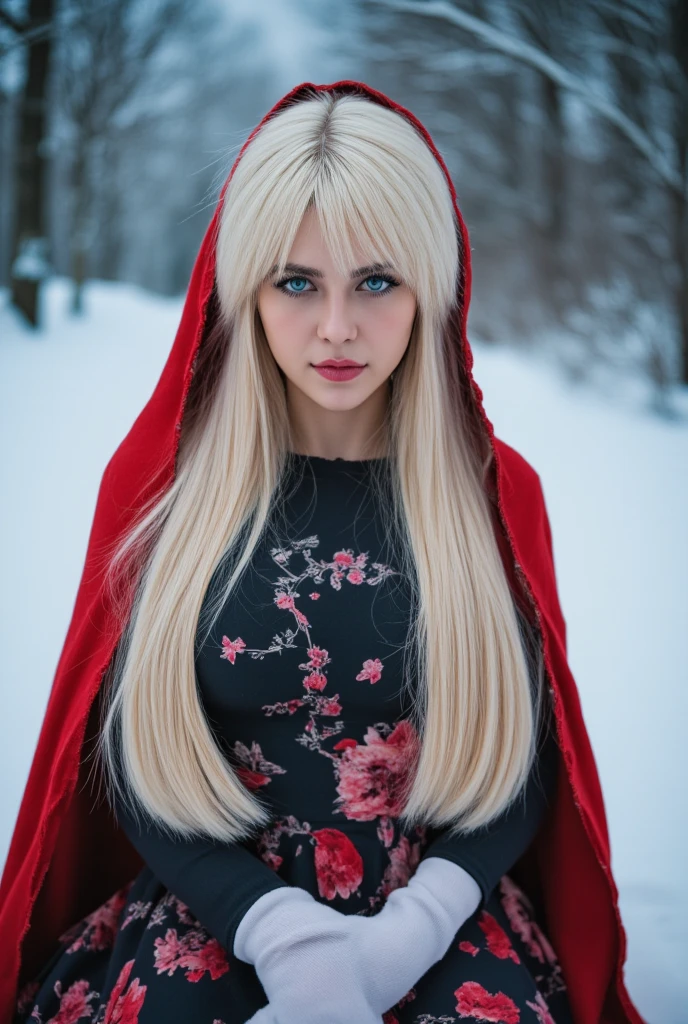 Young woman Red Riding Hood. with bright blue eyes that radiate a gentle,unearthly, (Snow white hair),fringed bangs,long hair,)), full body, full pictures,The background shows a wintry landscape with snow and ice, which creates a magical and mystical atmosphere.