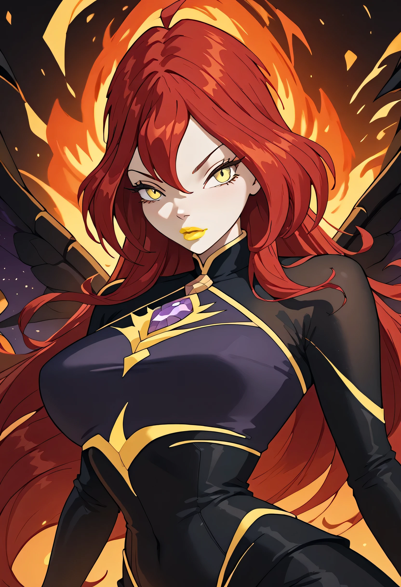 woman, red hair, white skin, yellow eyes, large breasts, anime style, yellow lipstick, long hair, black clothes, dark wings, dark energy, purple jewel on chest, cat eyes, dark fire, Dark Bloom, Bloom