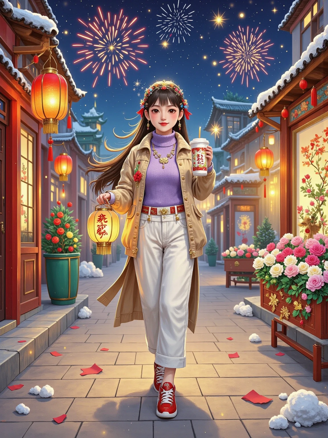 Full body view，Female university student，She has a delicate and beautiful face ，Natural looking ， with a ball head， wearing a simple beige short down jacket ， wearing a light purple sweater ， white straight long velvet pants ，Daddy shoes，High body ratio ，Holding a cup of milk tea in his right hand， walking on the street at night ， The street side is a high-end store with flashing lights， and a glowing red lantern ，Lanterns，There were snowflakes in the sky，There is snow on the ground，New Year atmosphere，Warmth，cure， Korean comic style 