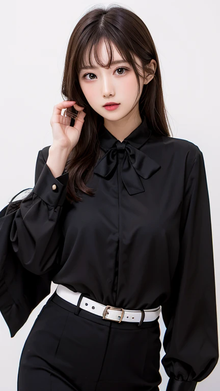  One Girl , black random formal clothes,   white background , 