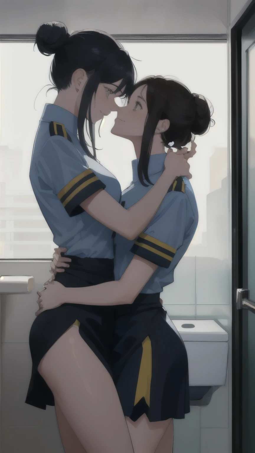 2 women hugging in toilet , wearing uniform, on a hot summer day, yuri, lesbian, nsfw, strong:1,2, perfect hands with 5 fingers, perfect arms, perfect anatomy,person with short black hair, 1 person with bun,one person's hand on the other person's waist