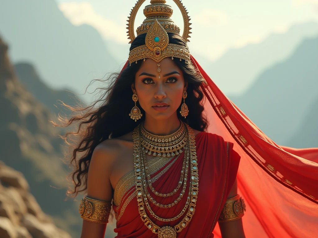 Maa parvati in orange saree angry version
Background himalayas