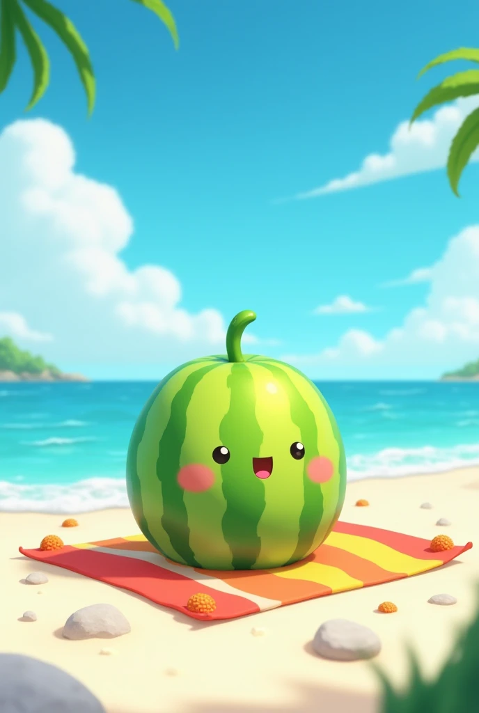 A character from the game Melon Sandbox is relaxing on the beach