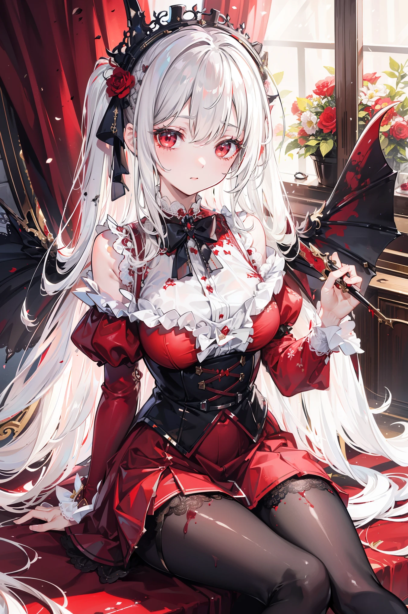 ( extremely detailed CG unification), Detailed Clothes ,ta, masterpiece, Extremely exquisite and beautiful, Blood splash , 1 Girl, Sitting, messy hair , beautiful detailed eyes, red eyes, lace pantyhose ,Floral scent,Succubus's horns,Girls' Shoes ,Avoid extra feet ,bathed in blood,scary background
