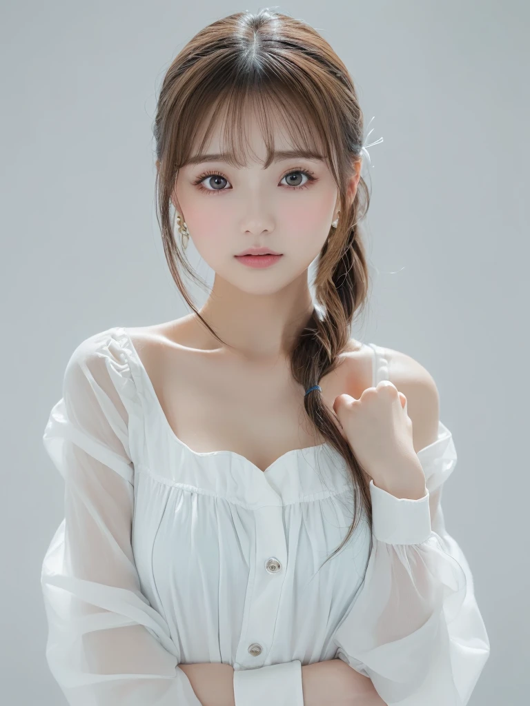 (((blouse、Shorts、White background、Cowboy Shot、forehead)))、forehead、Northern Europe、Russia、beautiful girl、Platinum Blonde Hair、Straight long hair、Big blue eyes、Northern Europeの若者、Glowing Skin、Young and beautiful skin、A perfect and beautiful little face、Bright makeup、Pale pink lips、Bright expression、lipstick、Golden Hour Lighting、Movie Light、Intricate details、High resolution、 Detailed features of the face design、Big Breasts