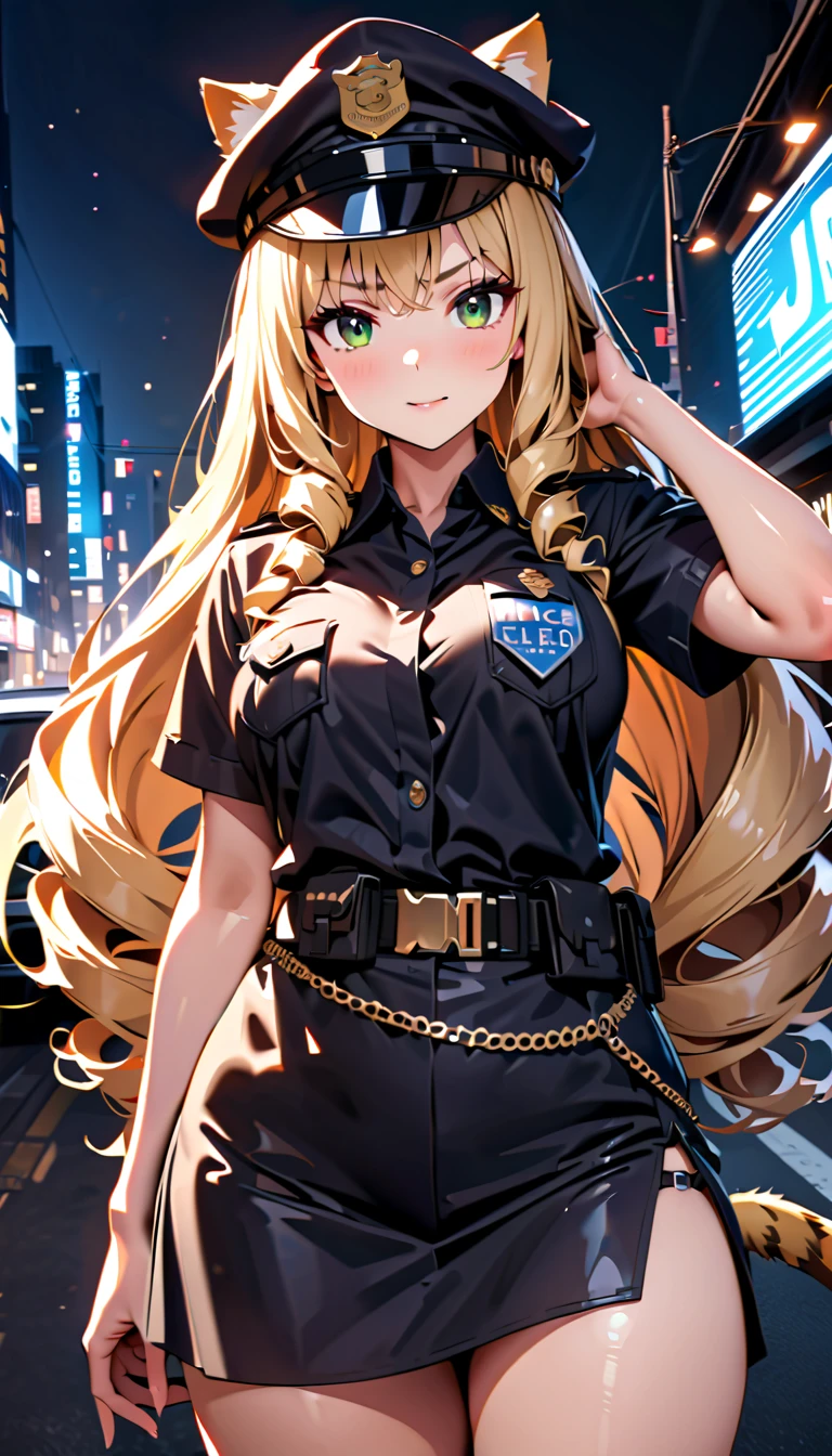 high quality, 8k, 4k, high contrast, masterpiece:1.2, best quality, best aesthetics), Sexy female police officer, Detailed face and body, (green eyes, animal ears, tiger tail), Beautiful breasts, confident look, (blonde hair, long hair, drill hair), Shiny black uniform, Black headwear, Black tight skirt, Tactical belt with equipment, Glossy Badges and Name Tags, ((police car in the background)), ((full vehicle view)), (((fully detailed))), Flashing police car lights against cityscape background, Lights of the night city, neon