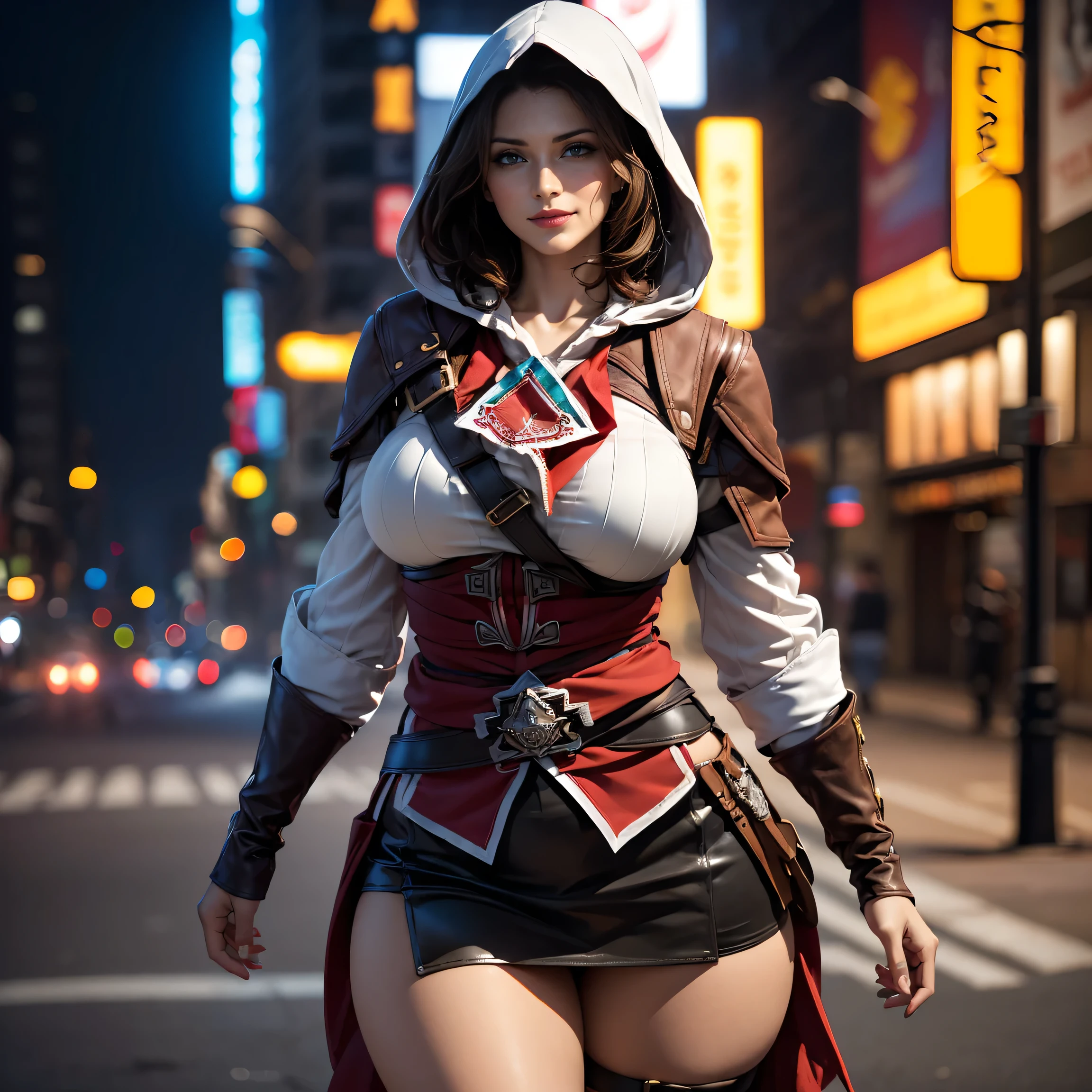 (best quality,4k,8k,highres,masterpiece:1.2)female,captivating eyes,pouty lips,seductive expression,expressive face,flowing vibrant hair,colored hair,2color hair,colored skin,random perfectly body,full body, random flirtatious pose,looking directly into the camera,showing confidence,she is wearing sexy outfit, ((assassin creed outfit)), white and red outfit