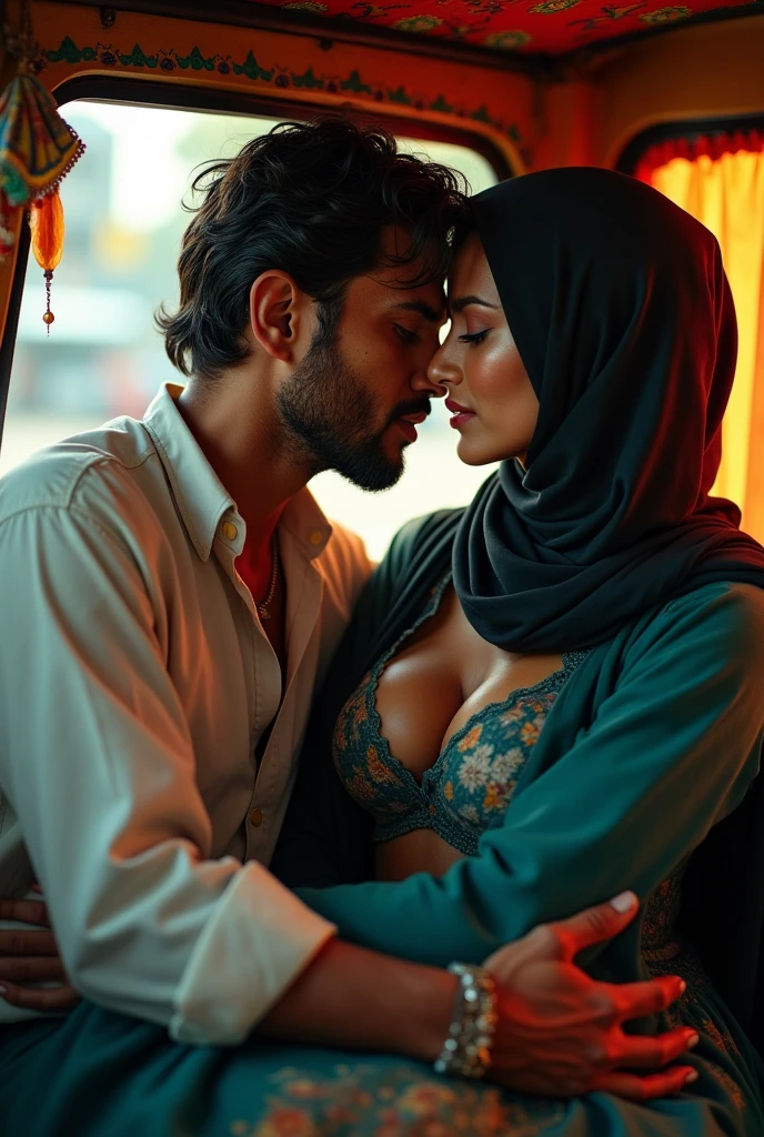 Girl, curvy hourglass body, wearing black hijab tube top, muscular hindu pandit, kissing, on the bed.