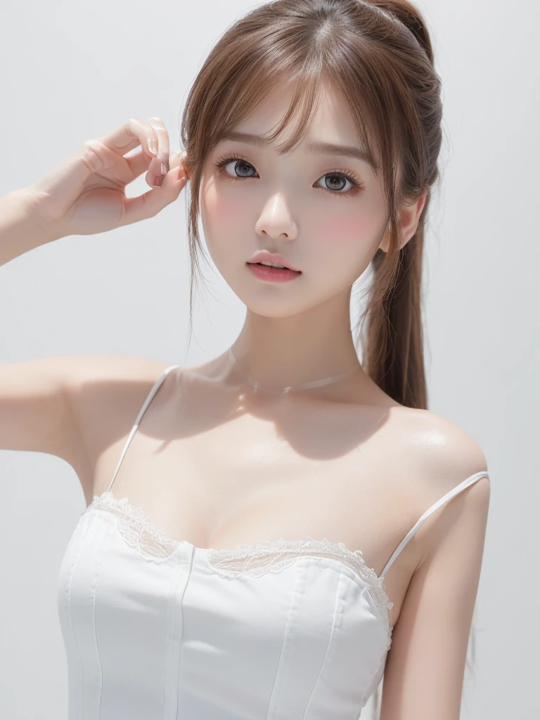    Beautiful breasts,(Neat,      elegant  :1.4),,(adult,1.4),(   Clear Eyes :1.4),(      very cute:1.2),(    small breasts:1.2),      Natural Cosmetics  ,    I'm angry  ,     wide shot,(Highly detailed debtace and skin texture:1.4),(Alone:1.3),    Top Quality   ,masterpiece,   Ultra-fine ,(  realistic:1.3),(  8K ultra HD,   RAW photos:1.2),35mm Lens, debt/1,(   detail eyes:1.2),   double eyelid ,(      white background    : 1.3) ,(   upright position ,debtull body:1.4、White clothes、 Intermediate Shooting   、(((Place your right hand on your chest 1.85)))、(((young、、    girl  )))、        ponytail hair widens the entire crotch 、(((Clear 1 .5、 ピュア1.5)))、