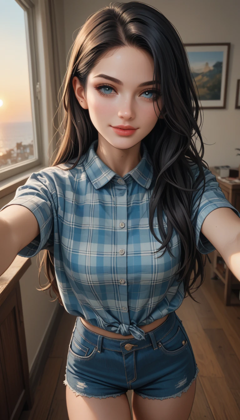 1   ,     black hair,       long hair  ,   light blue eyes   ,  Cover an eye   ,  ( plaid shirt wrapped with a knot at the base, very short and tight denim shorts),    perfect eyes ,  olhos grandes  ,    upturned nose,Clean face,oval face,    full lips    ,    exposed legs    ,     thick legs    , Selfie ,,focus only,     semi-closed eyes  ,     smiling,  Somewhere in the interior of the USA , sunset ,  cinematic lighting    
