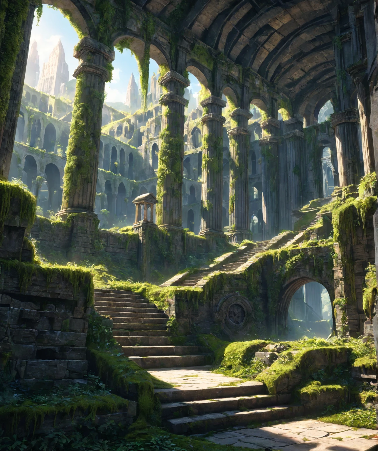 (an underground ruins city. the ruins have a complicated layout, like a mc escher stairs labyrinth. it is filled with moss and other natural plants that has now envelops the whole ruins. The camera is shot from a higher ground, allowing the image to capture a wide area of the escher-like labyrinth.
 intricate architecture, crumbling buildings, detailed stone structures, lush vegetation, dramatic lighting, cinematic composition, ancient artifacts, fantasy setting, no humans, prevailing of nature, bright colours, sunshine, sunny, tranquility, bright mood), BREAK
dramatic shadows, epic scale, highly detailed, cinematic lighting, photorealistic, 8k, masterpiece,HDR, 8K, masterpiece, best quality, amazing quality, very aesthetic, high resolution, ultra-detailed, absurdres, newest, scenery, 
masterpiece,  aesthetic detailed background, best quality, game cg aesthetics, sharp focus, sharp details, light particles,  photo background, depth of field, 
(masterpiece), best quality, ultra-detailed, 1024k UHD wallpaper, ultra-high resolution, depth of field, HDR, Ray tracing, RTX, high saturation, photon mapping, best texture quality, best compotitions, (extremely detailed CG 1024k wallpaper), High Details, Ultra HD Photo,