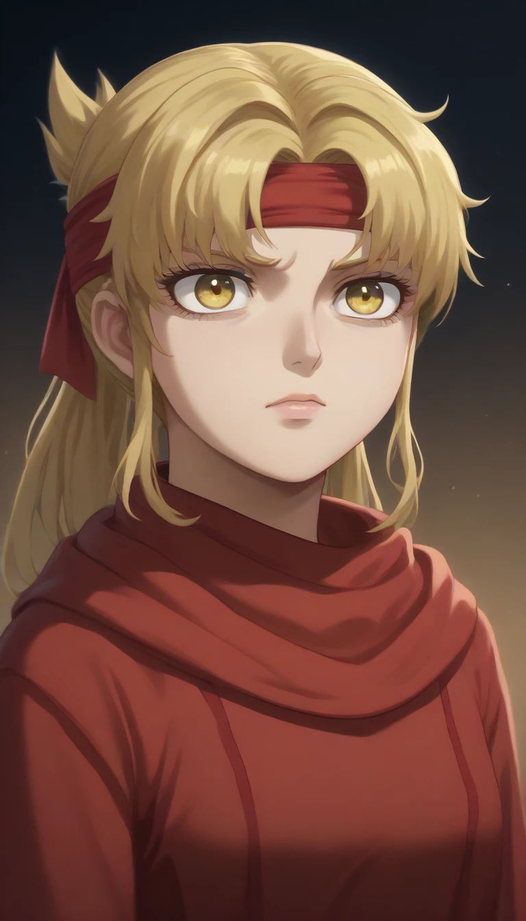  blond hair yellow eyes pony tail (((((((Rachel Tower of God)))))))  score_9, score_8_up, score_7_up, 1girl, kyoukai ((((cowl)))) headband slanted eyes 