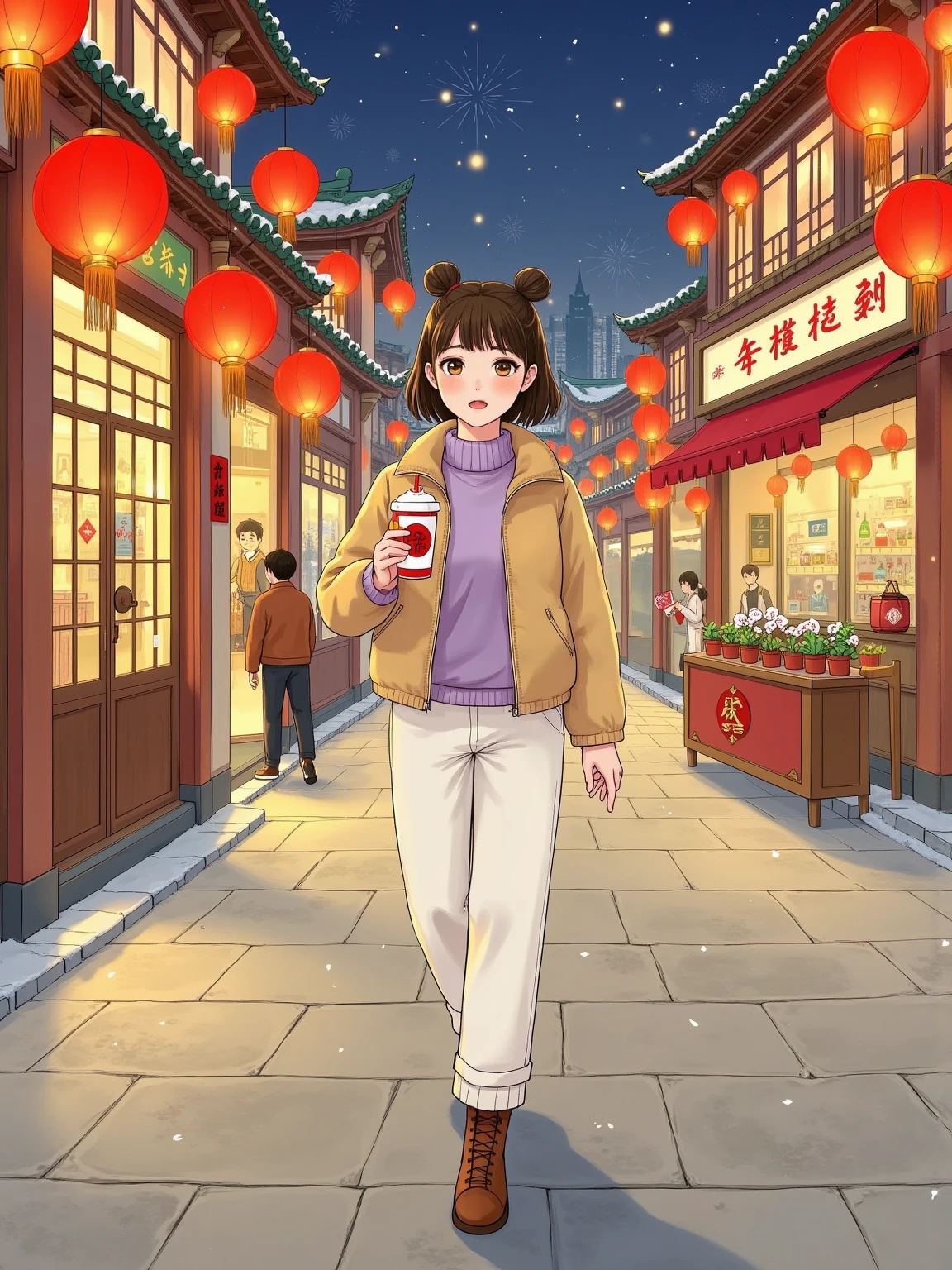 Full body view，Female university student，She has a delicate and beautiful face ，Natural looking ， with a ball head， wearing a simple beige short down jacket ， wearing a light purple sweater ， white straight long velvet pants ，Daddy shoes，High body ratio ，Holding a cup of milk tea in his right hand， walking on the street at night ， The street side is a high-end store with flashing lights， and a glowing red lantern ，Lanterns，There were snowflakes in the sky，There is snow on the ground，New Year atmosphere，Warmth，cure， Korean comic style 