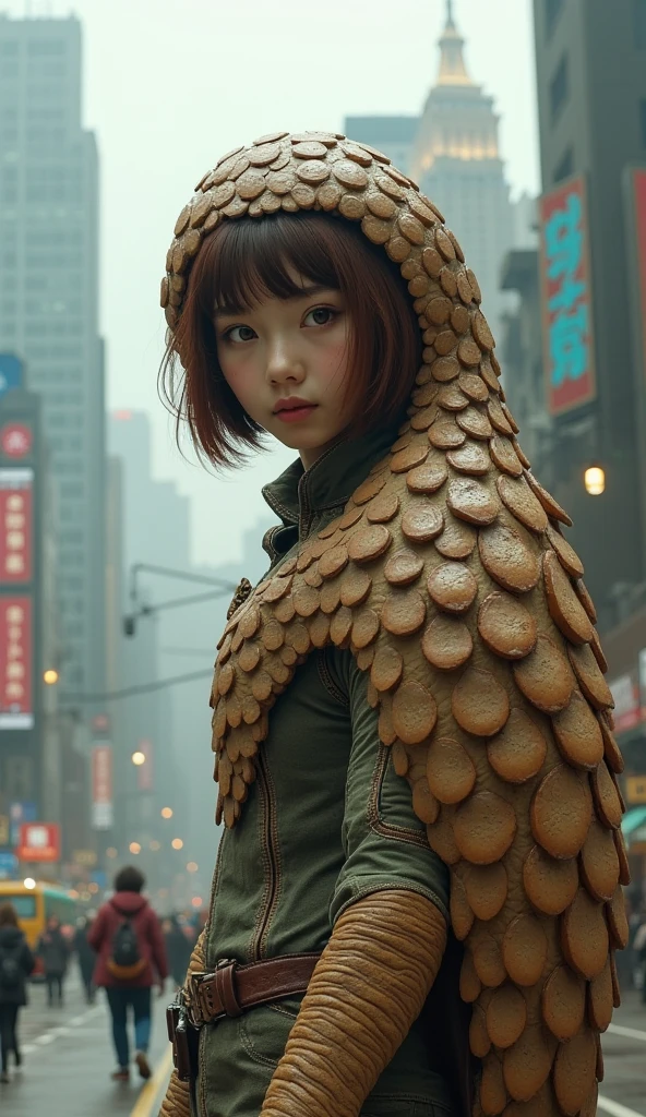 Half pangolin, half human、Whole body expression、One woman、Age 19、 beautiful girl、 brown bob cut 、The whole body is covered with a shell、The background is the city、