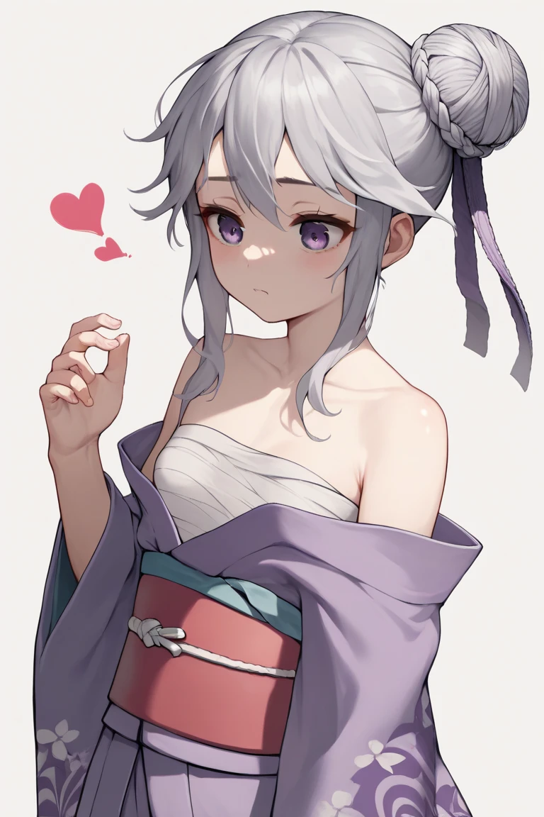 fail , Gray Hair,  braided bun ,  hair bang,  hair bow,  Single Side Bang ,  Purple Ribbon ,  purple eyes, small breasts, Purple kimono, Japanese clothing, fローラl print kimono,  wide sleeve , heart,  off the shoulder,  strapless ,  clevis on a stone, clavicle, Bare shoulders,satisfied expression, Comfortable Atmosphere  ,Quiet and calm background