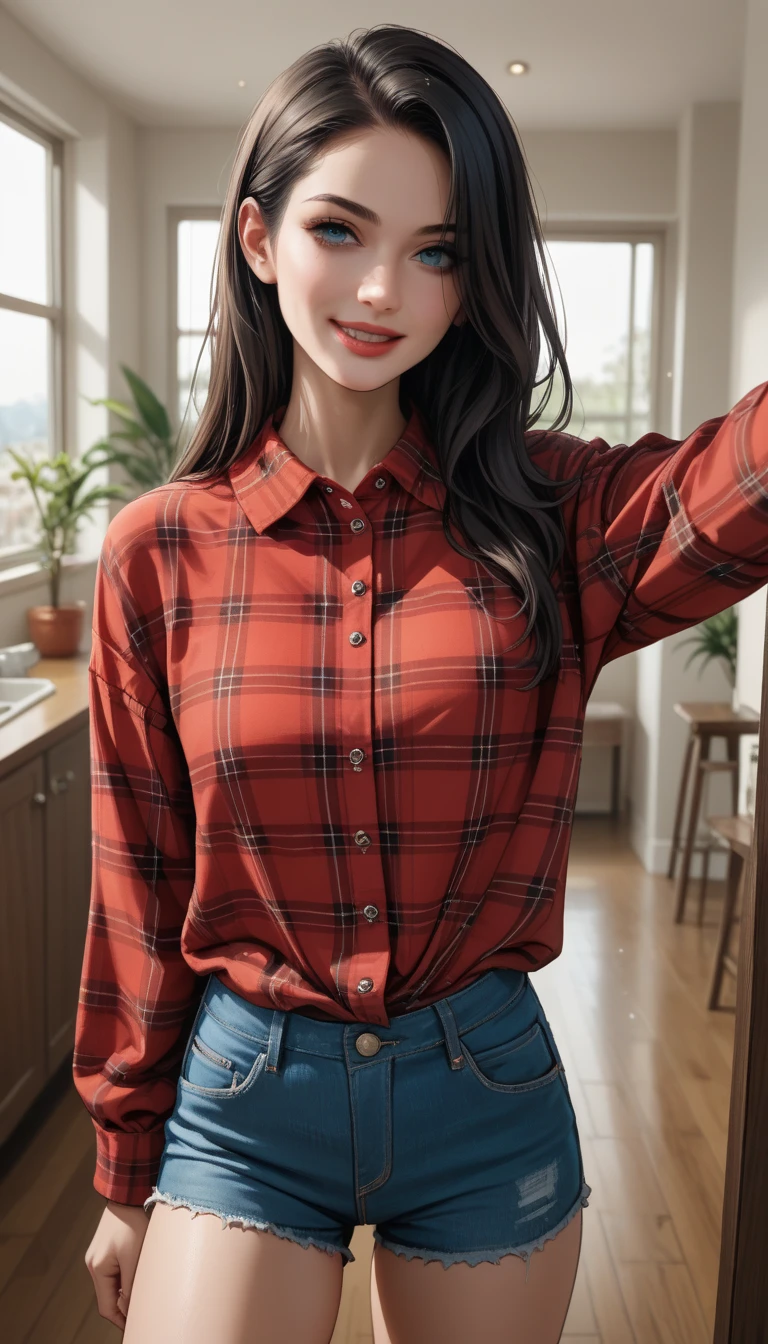 1   ,     black hair,       long hair  ,   light blue eyes   ,  Cover an eye   ,  (red plaid shirt wrapped with a knot at the base, very short and tight denim shorts),    perfect eyes ,  olhos grandes  ,    upturned nose,Clean face,oval face,    full lips    ,    exposed legs    ,     thick legs    , Selfie ,,focus only,     semi-closed eyes  ,     smiling,  Somewhere in the interior of the USA ,open air,, sunset ,  cinematic lighting    
