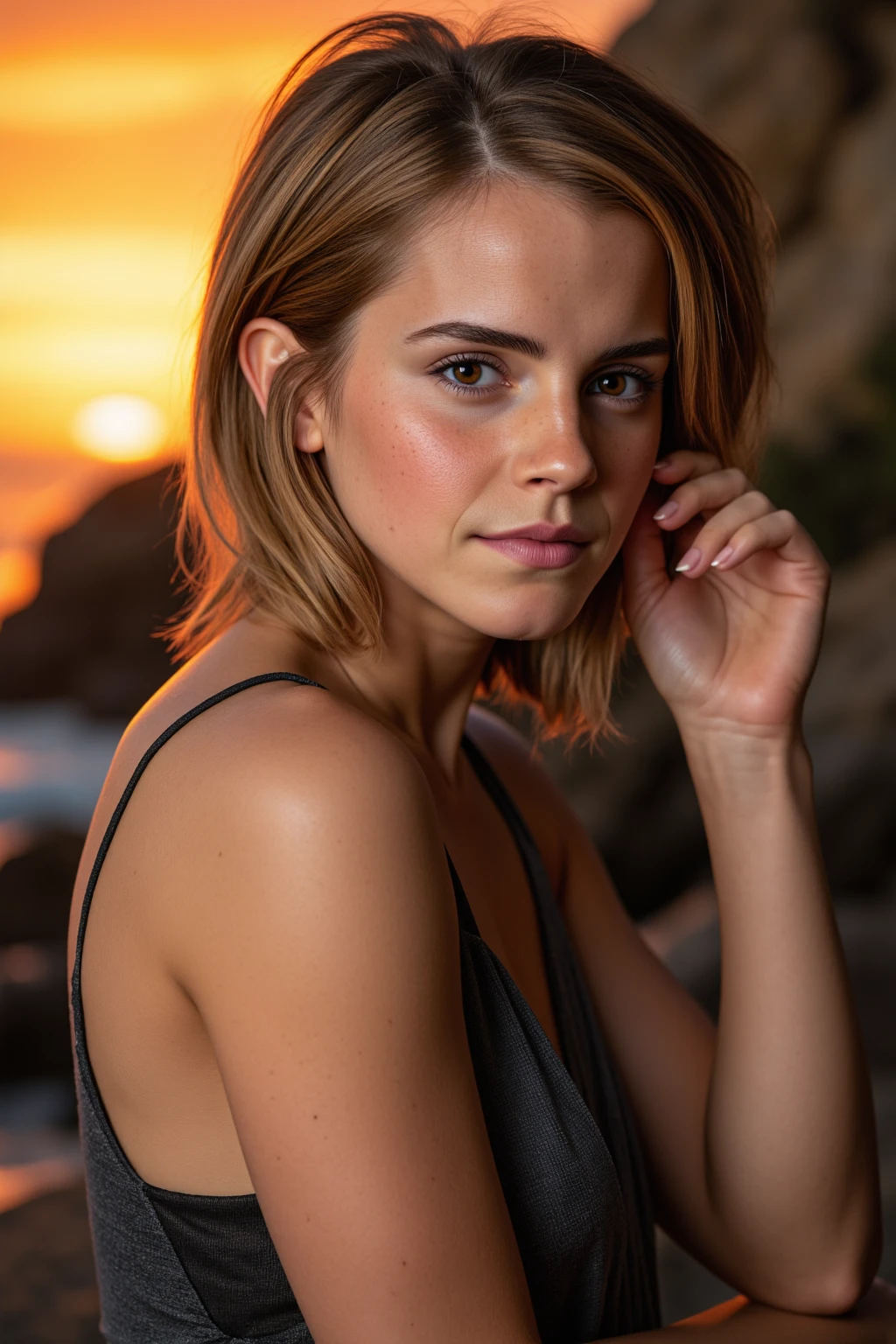 high quality, 8K Ultra HD, A professional portrait of goddess emma watson with sunset coast, sunset coast should serve as the underlying backdrop, with its details incorporated into the goddess , crisp lines, style of Dan DeCarlo