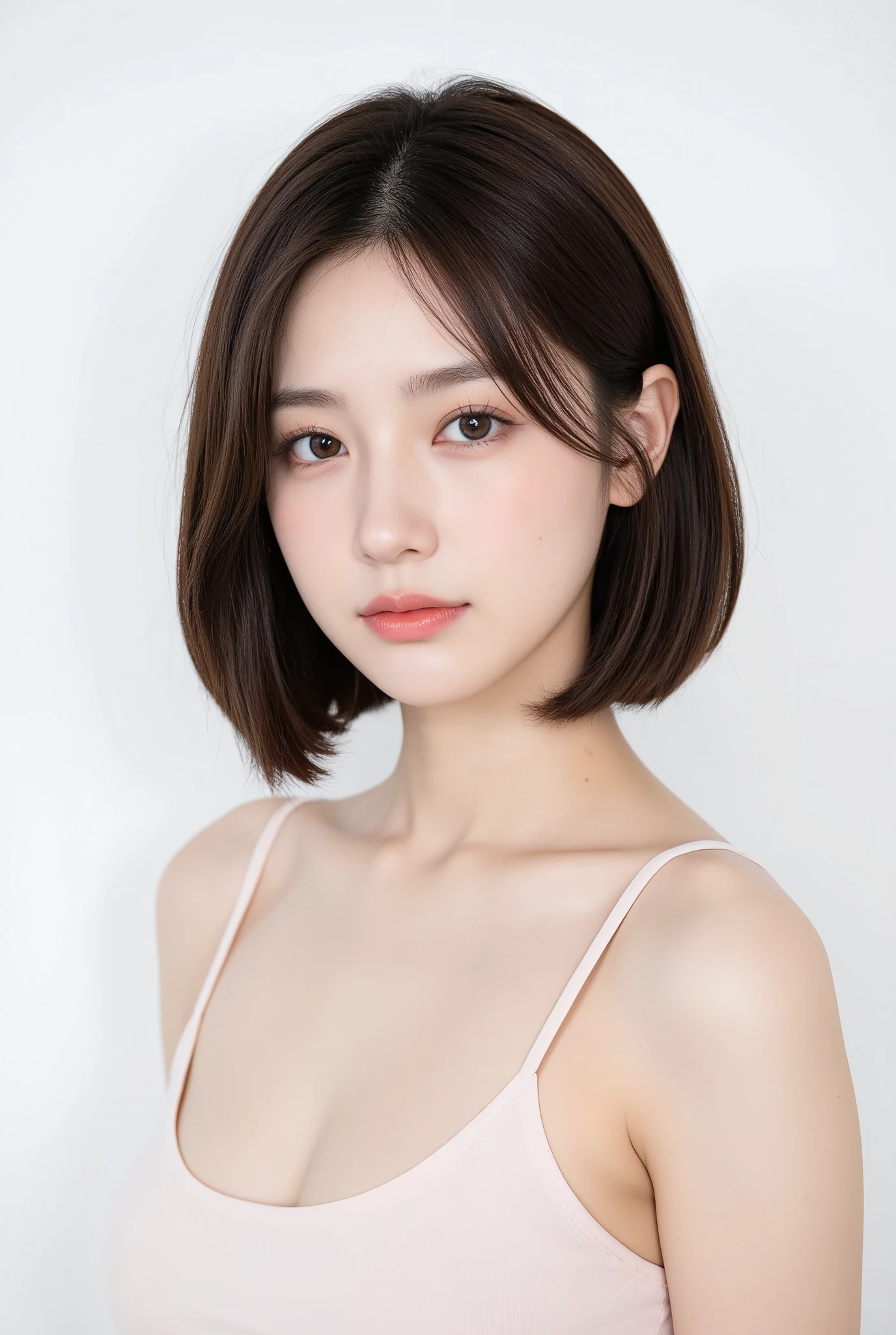 (High quality, High detail, 8k, Realistic), Portrait of Mai Miyagawa, Attractive facial details, Gentle face, Bob hair, Sparkling round eyes, Slender figure, Smooth skin, Natural, Thin strap tank top, White background, the scene is shot using a Canon EOS R5 camera paired with a Canon RF 85mm f/1.2L lens. The f-number is set at f/2.0 for a balanced depth of field, the ISO at 100 to ensure impeccable clarity.