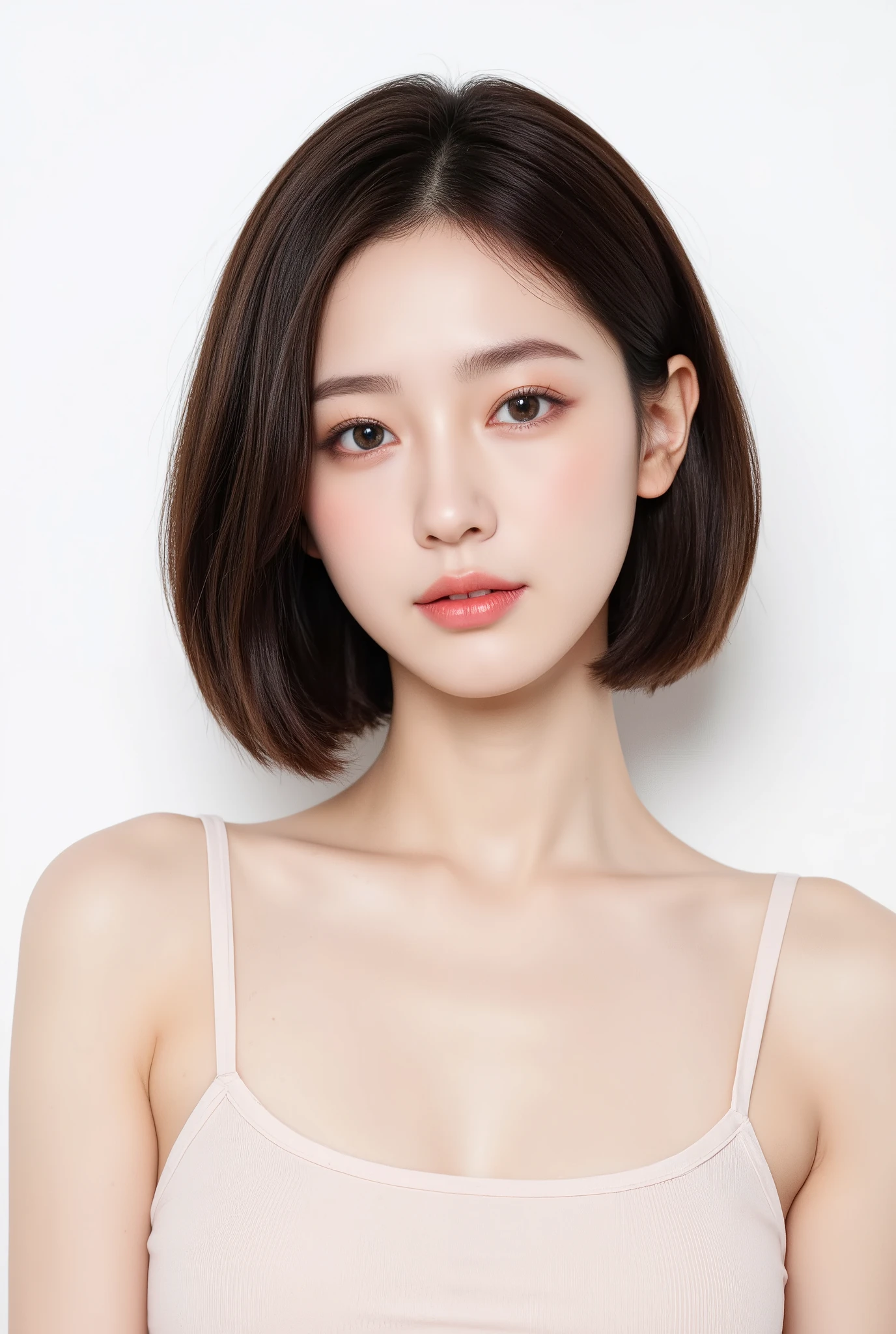 (High quality, High detail, 8k, Realistic), Portrait of Mai Miyagawa, Attractive facial details, Gentle face, Bob hair, Sparkling round eyes, Slender figure, Smooth skin, Natural, Thin strap tank top, White background, the scene is shot using a Canon EOS R5 camera paired with a Canon RF 85mm f/1.2L lens. The f-number is set at f/2.0 for a balanced depth of field, the ISO at 100 to ensure impeccable clarity.