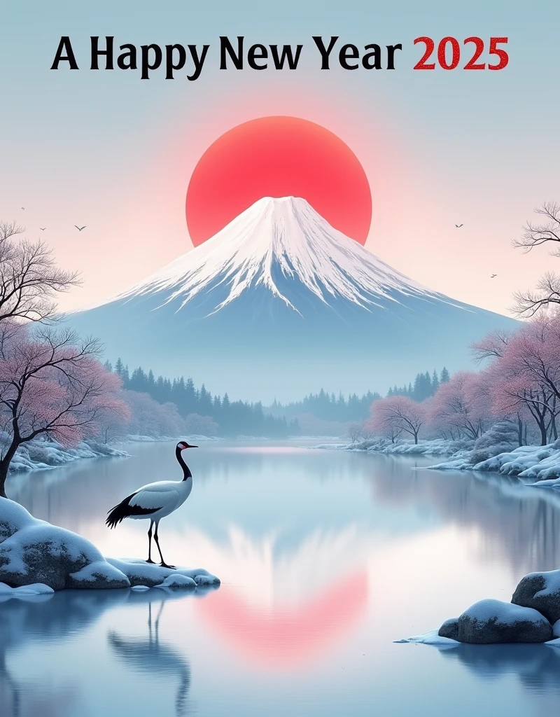 big text in the top "A HAPPY NEW YEAR 2025", Snow Scenery, All white Fuji, Tranquil lake, a crane, red sun,