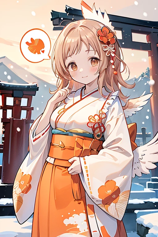 Sakuragi Mano, ((Mega Breasts)), Absolute territory,　smile, Fluffy, (Healing), ((feathers)),　brooch, medium hair, best quality, masterpiece, blush, light brown hair, 　outside curling hairstyle, side fringe, (forehead : 1.28), left-right symmetry fashion,　 winter, ((((snow)))), , light brown eyes, 　(((spoken heart))), (shrine), new year, sunrise, morning, standing, mountain, ((((hawk)))),　torii gate, shrine maiden outfit, (frilled floral pattern vivid red skirt), ((((Japanese check pattern red and orange obi)))), ((((wings on sleeves)))), ((((Japanese style gorgeous big vivid red flower hair ornaments)))),