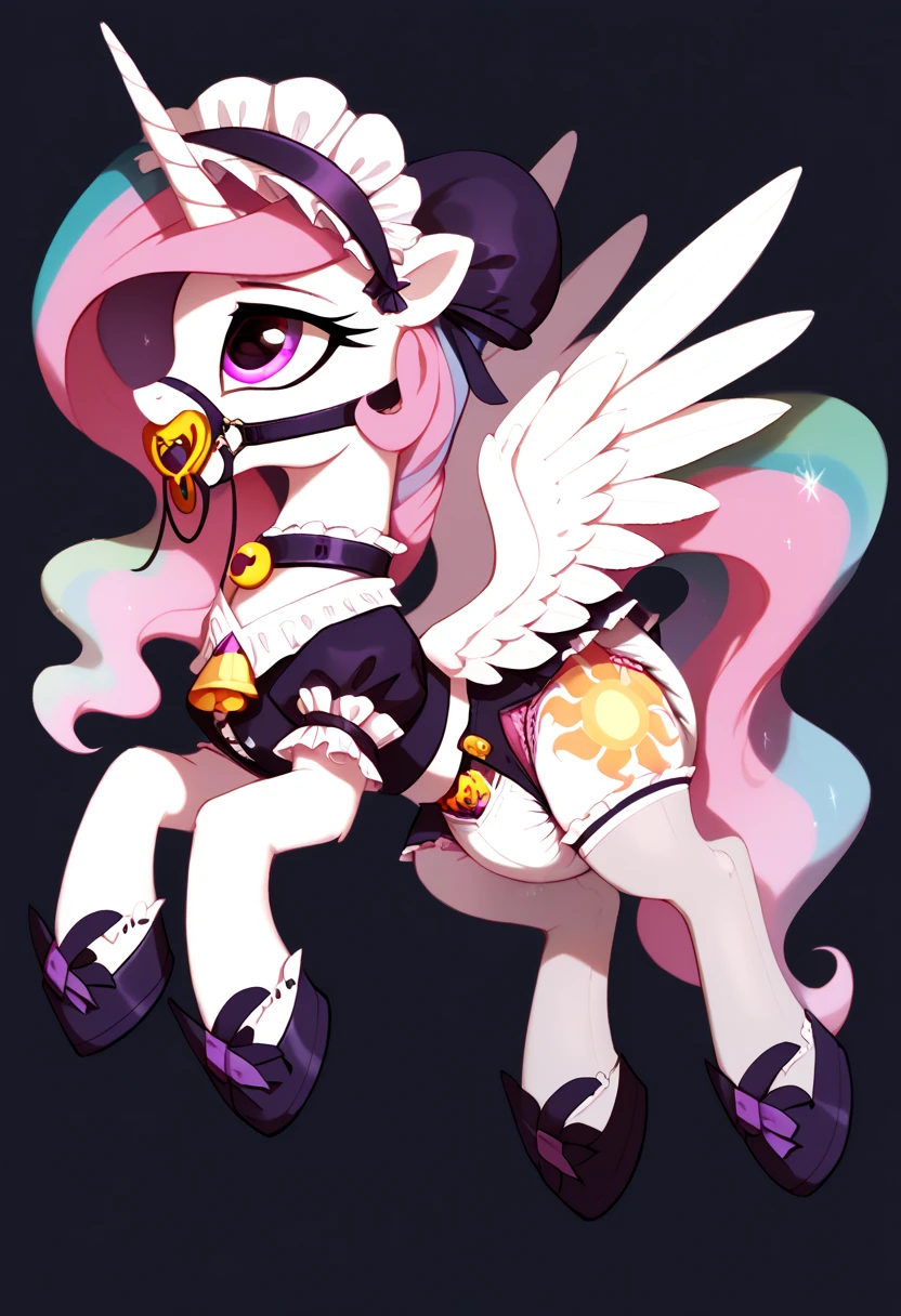 alicorn pony alone , adult mare, celestia ,  on top of them, most of the mane is wrapped in a dark light bonnet with white trim on the edges , there is a small pigtail on the back with two bows ,  purple eyes, stands on four hooves ,  wide open back hooves ,  dressed in an ornate official black and white maid outfit with ruffles and ruffles and a short skirt,  on the neck there is a steel collar with a purple tint and a bell ,  white stockings and black booties over hoof socks ,  big white pacifier mouth gag with straps , thick diaper under clothes,  over the diaper, pink plastic panties , black steel chastity belt over pink plastic panties, solo,  simple background.