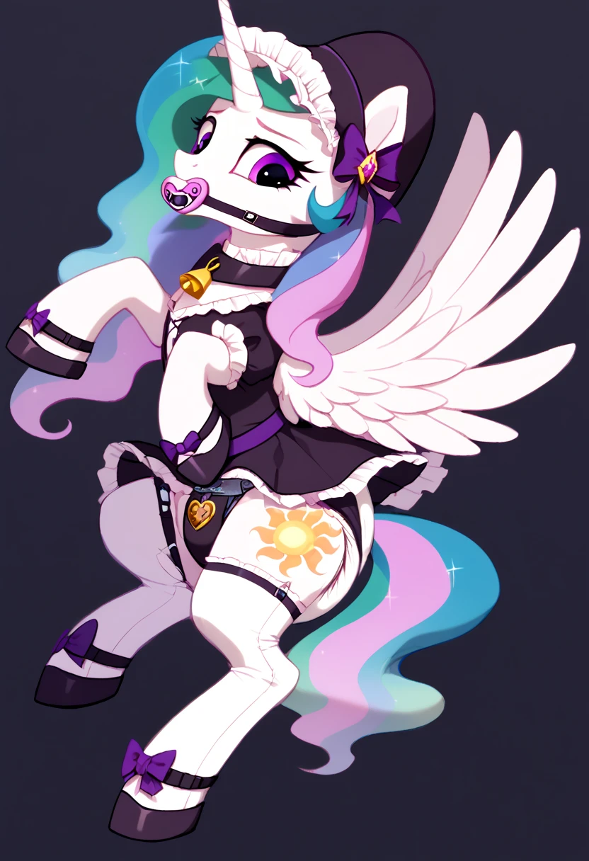 alicorn pony alone , adult mare, celestia ,  on top of them, most of the mane is wrapped in a dark light bonnet with white trim on the edges , there is a small pigtail on the back with two bows ,  purple eyes, stands on four hooves ,  wide open back hooves ,  dressed in an ornate official black and white maid outfit with ruffles and ruffles and a short skirt,  on the neck there is a steel collar with a purple tint and a bell ,  white stockings and black booties over hoof socks ,  big white pacifier mouth gag with straps , thick diaper under clothes,  over the diaper, pink plastic panties , black steel chastity belt over pink plastic panties, solo,  simple background.