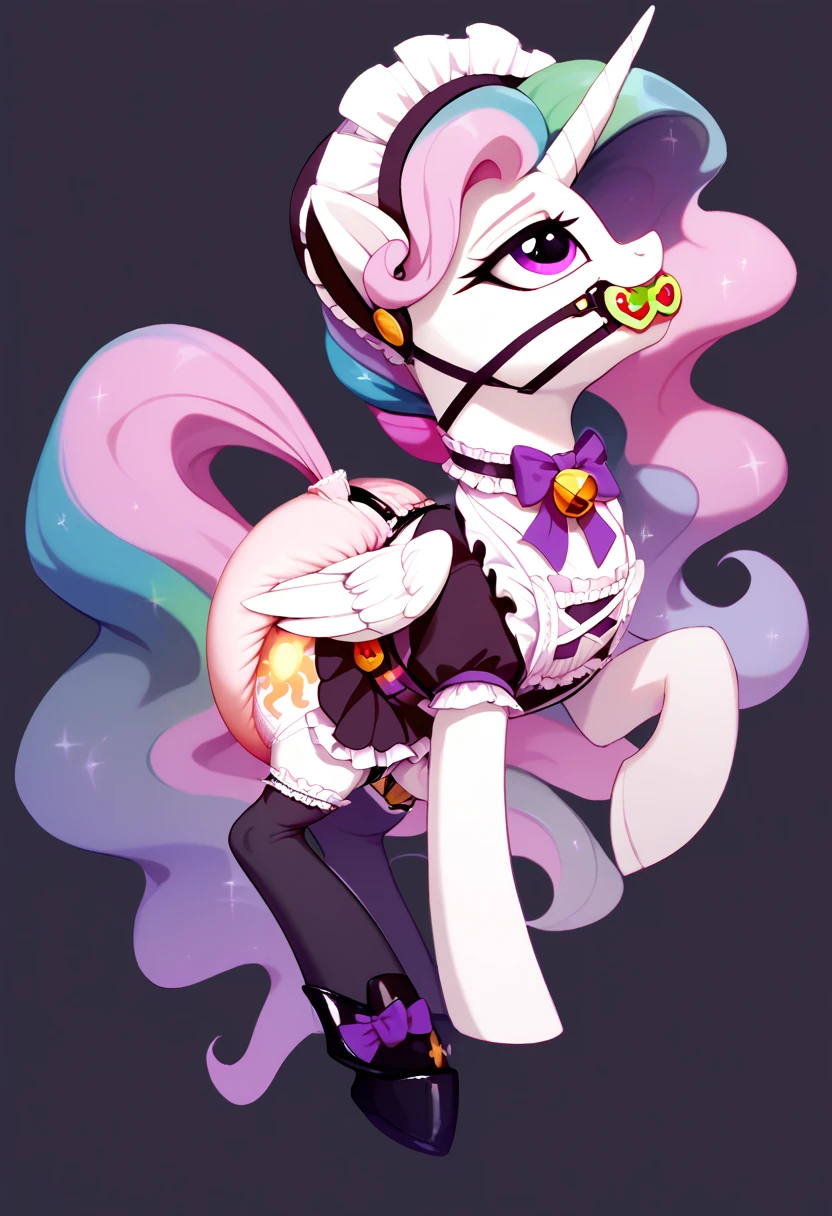 alicorn pony alone , adult mare, celestia ,  on top of them, most of the mane is wrapped in a dark light bonnet with white trim on the edges , there is a small pigtail on the back with two bows ,  purple eyes, stands on four hooves ,  wide open back hooves ,  dressed in an ornate official black and white maid outfit with ruffles and ruffles and a short skirt,  on the neck there is a steel collar with a purple tint and a bell ,  white stockings and black booties over hoof socks ,  big white pacifier mouth gag with straps , thick diaper under clothes,  over the diaper, pink plastic panties , black steel chastity belt over pink plastic panties, solo,  simple background.