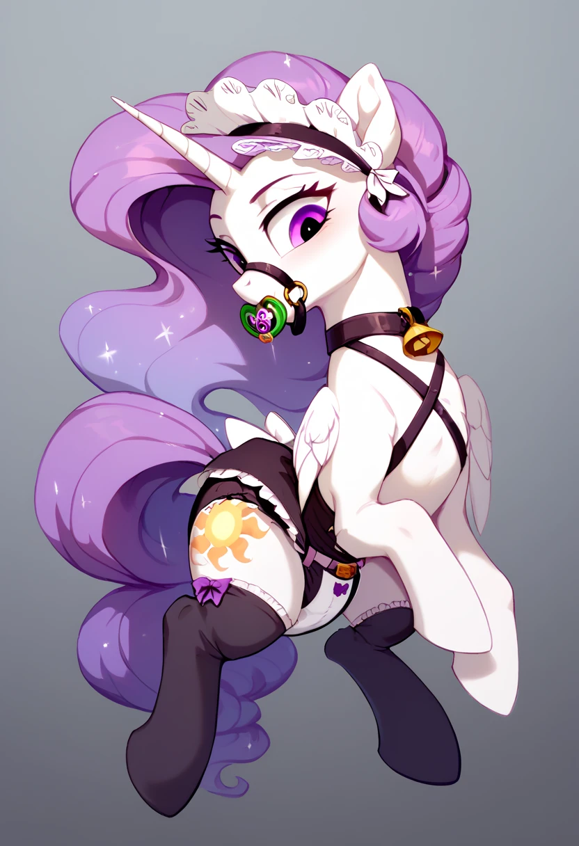 alicorn pony alone , adult mare, celestia ,  on top of them, most of the mane is wrapped in a dark light bonnet with white trim on the edges , there is a small pigtail on the back with two bows ,  purple eyes, stands on four hooves ,  wide open back hooves ,  dressed in an ornate official black and white maid outfit with ruffles and ruffles and a short skirt,  on the neck there is a steel collar with a purple tint and a bell ,  white stockings and black booties over hoof socks ,  big white pacifier mouth gag with straps , thick diaper under clothes,  over the diaper, pink plastic panties , black steel chastity belt over pink plastic panties, solo,  simple background.